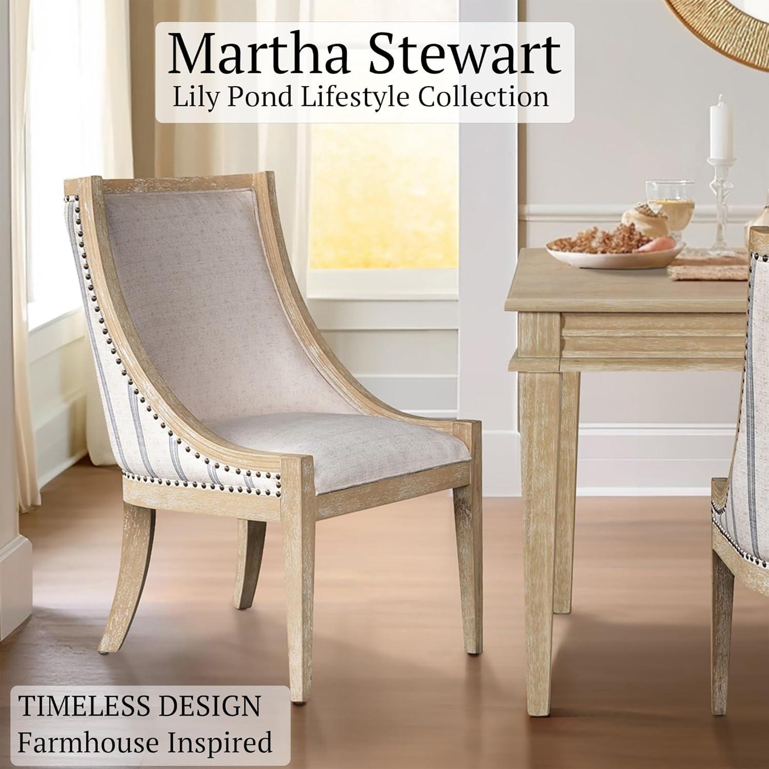 imageMartha Stewart Farmhouse Dining Room Chair Recessed Arm Chair for Bedrooms Nailhead Trim Solid Wood Legs Upholstered Reading Accent Chairs for Living Room Kitchen Dcor Elmherst Linen ColorBeige Stripe