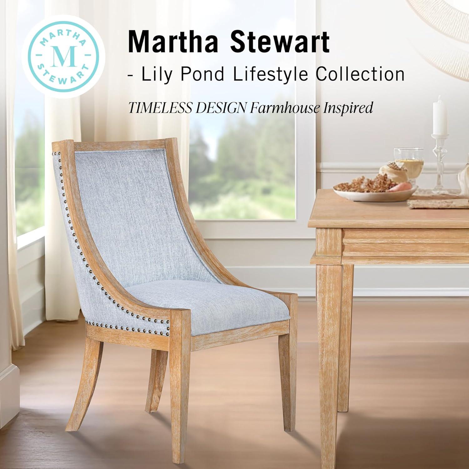 imageMartha Stewart Farmhouse Dining Room Chair Recessed Arm Chair for Bedrooms Nailhead Trim Solid Wood Legs Upholstered Reading Accent Chairs for Living Room Kitchen Dcor Elmherst Linen ColorLight Blue
