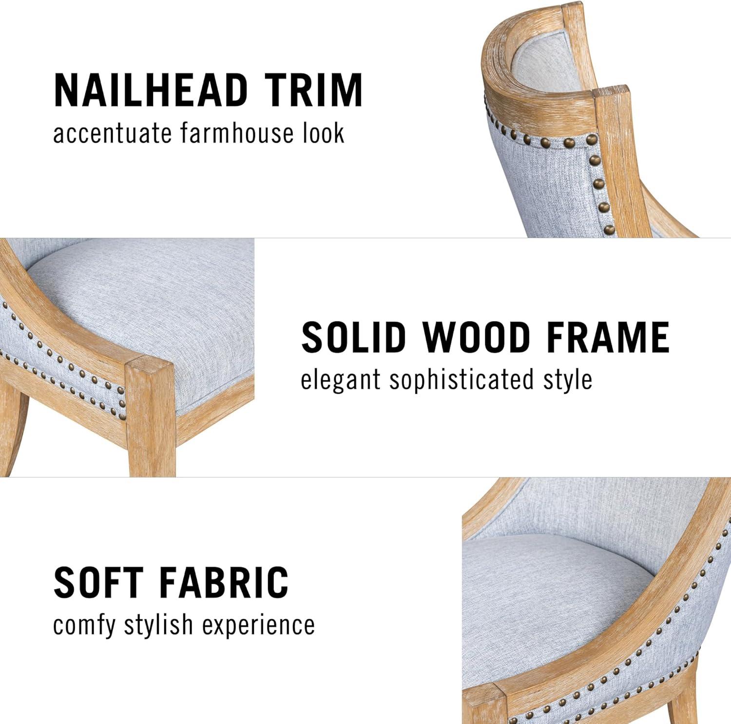 imageMartha Stewart Farmhouse Dining Room Chair Recessed Arm Chair for Bedrooms Nailhead Trim Solid Wood Legs Upholstered Reading Accent Chairs for Living Room Kitchen Dcor Elmherst Linen ColorLight Blue