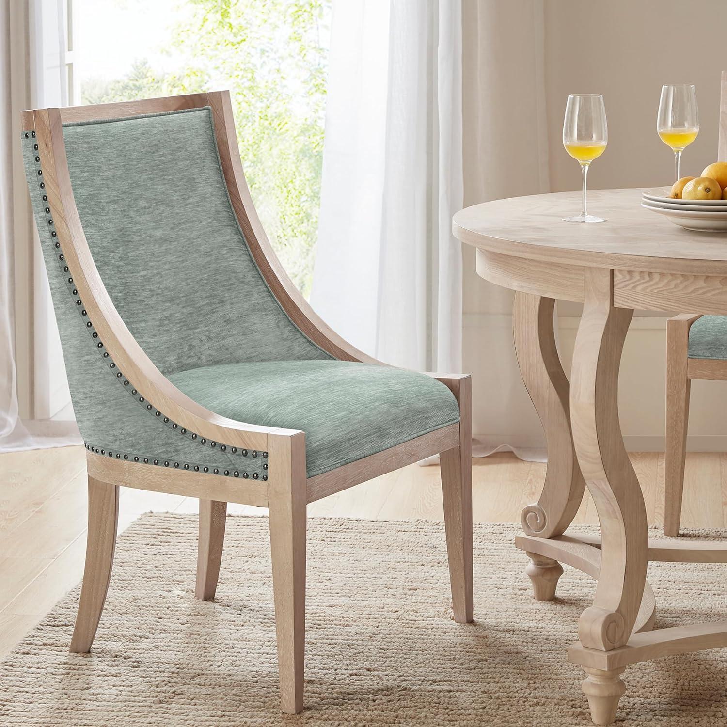 imageMartha Stewart Farmhouse Dining Room Chair Recessed Arm Chair for Bedrooms Nailhead Trim Solid Wood Legs Upholstered Reading Accent Chairs for Living Room Kitchen Dcor Elmherst Linen ColorSoft Green