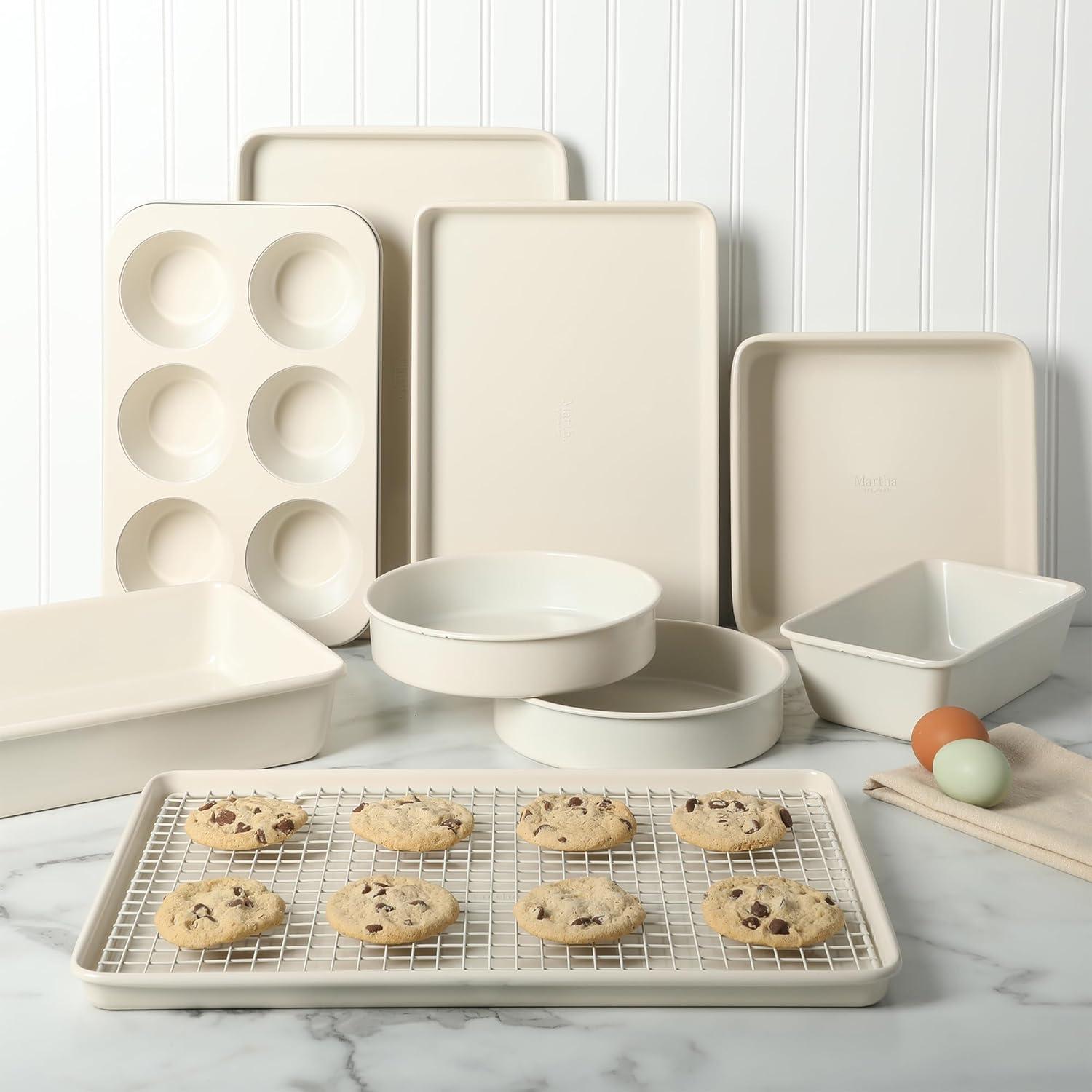 imageMartha Stewart Gallen 12Cup Nonstick Carbon Steel Muffin and Cupcake Pan Cool Grey Durable Bakeware for Even Baking and Easy ReleaseLinen White Set