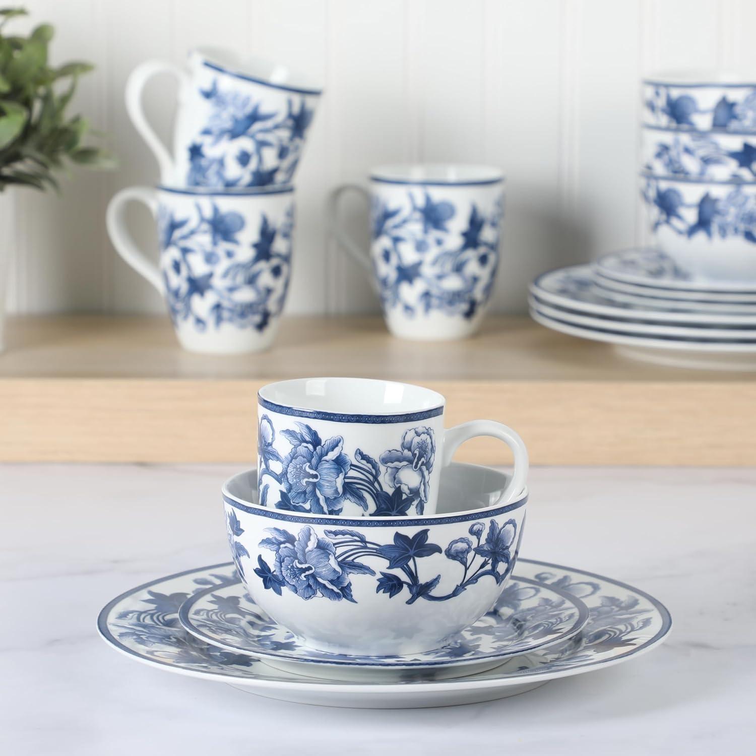 imageMartha Stewart Goodale 16Piece Vintage Blue Stoneware Dinnerware Set Durable ChipResistant Plates and Bowls Elegant Rustic Kitchen Tableware for 4