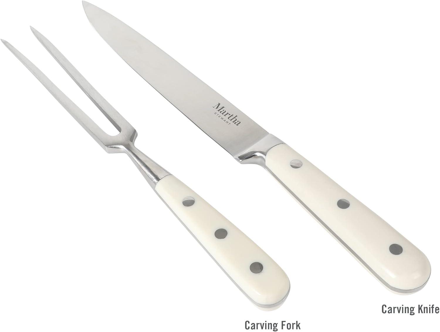 imageMartha Stewart Goswell 3pc Set w 8quot Triple Riveted Stainless Steel Carving Knife 6quot Triple Riveted Stainless Steel Carving Fork wBeech Wood Cutting and Serving BoardLinen