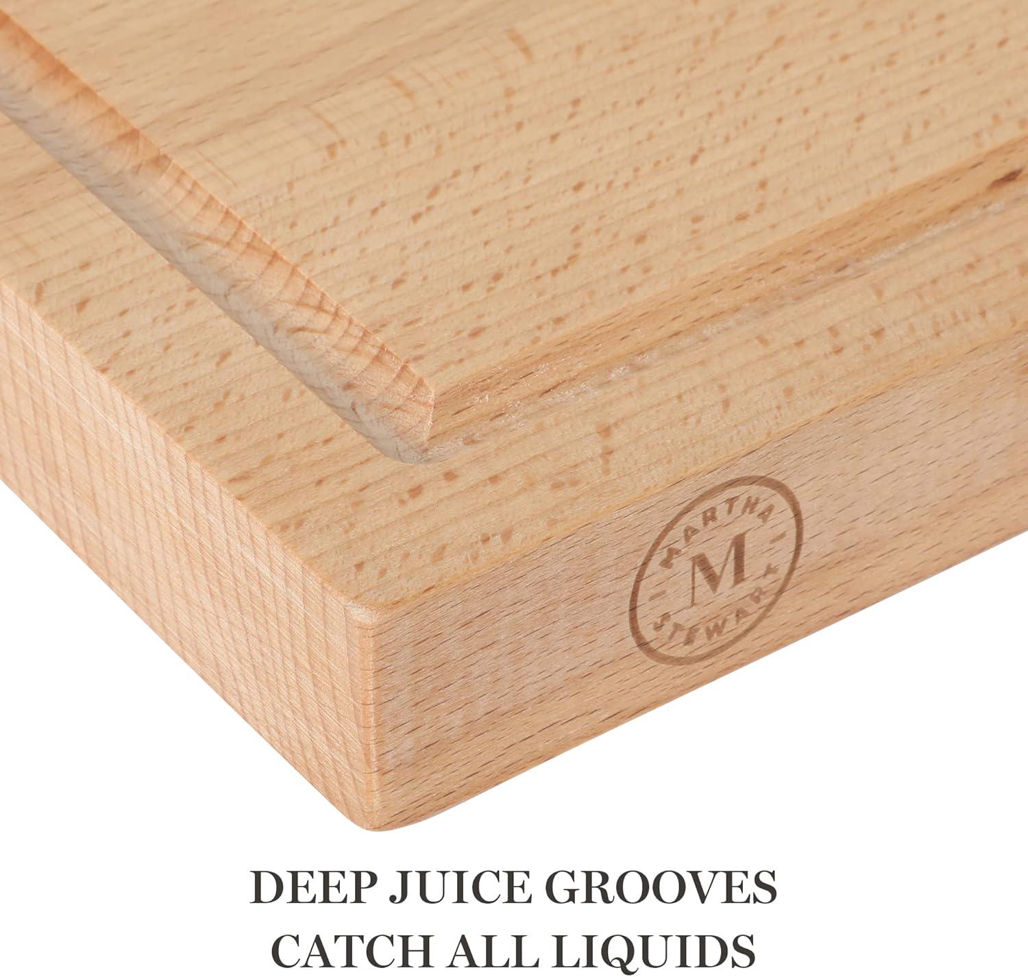 imageMartha Stewart Goswell 3pc Set w 8quot Triple Riveted Stainless Steel Carving Knife 6quot Triple Riveted Stainless Steel Carving Fork wBeech Wood Cutting and Serving BoardLinen