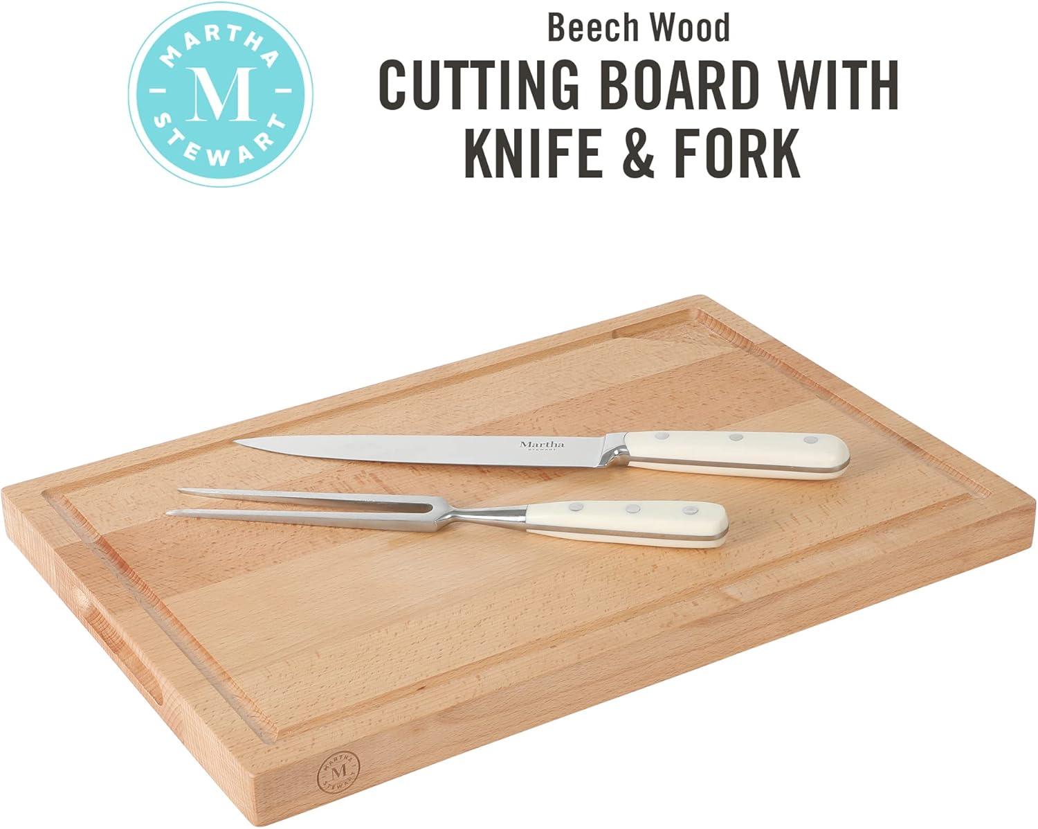 imageMartha Stewart Goswell 3pc Set w 8quot Triple Riveted Stainless Steel Carving Knife 6quot Triple Riveted Stainless Steel Carving Fork wBeech Wood Cutting and Serving BoardLinen