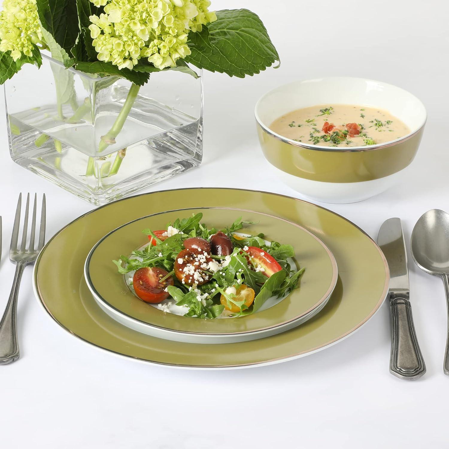 imageMartha Stewart Gracie Lane 12Piece Porcelain Decorated Chip and Scratch Resistant Dinnerware Set Martha Blue wGold RimOlive Green w Gold Rim