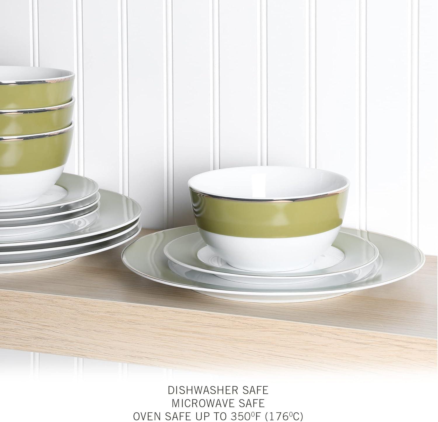 imageMartha Stewart Gracie Lane 12Piece Porcelain Decorated Chip and Scratch Resistant Dinnerware Set Martha Blue wGold RimOlive Green w Gold Rim