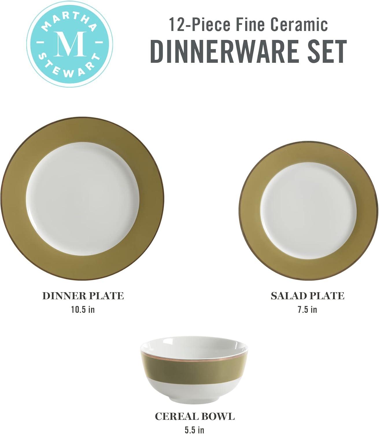 imageMartha Stewart Gracie Lane 12Piece Porcelain Decorated Chip and Scratch Resistant Dinnerware Set Martha Blue wGold RimOlive Green w Gold Rim