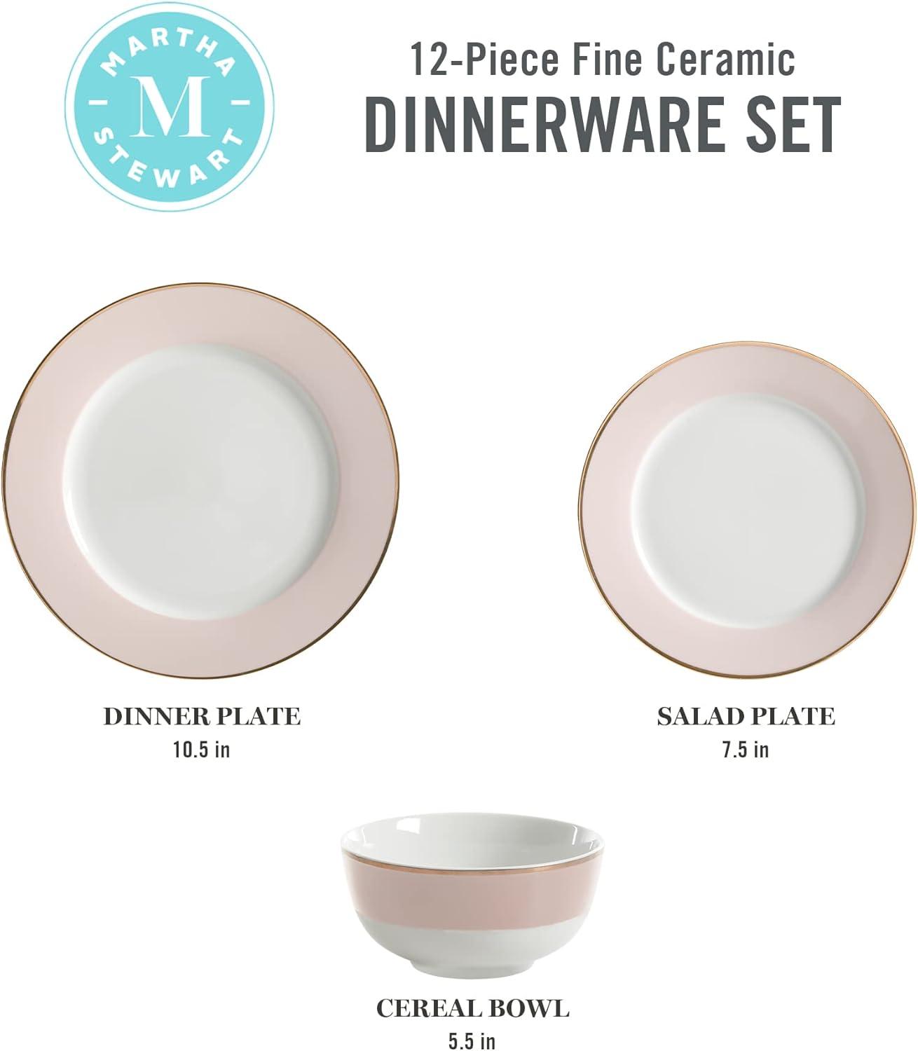 imageMartha Stewart Gracie Lane 12Piece Porcelain Decorated Chip and Scratch Resistant Dinnerware Set Martha Blue wGold RimPink w Gold Rim