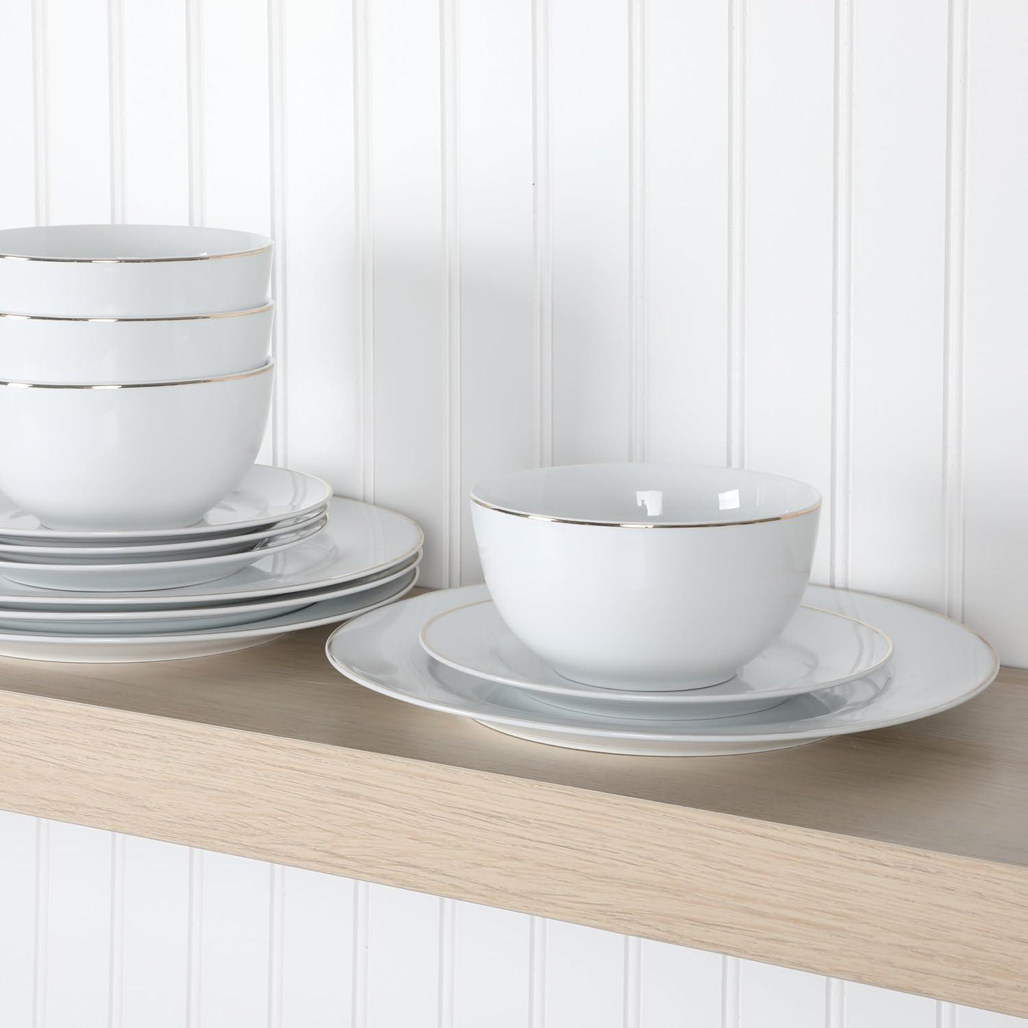 imageMartha Stewart Gracie Lane 12Piece Porcelain Decorated Chip and Scratch Resistant Dinnerware Set Martha Blue wGold RimWhite w Gold Band