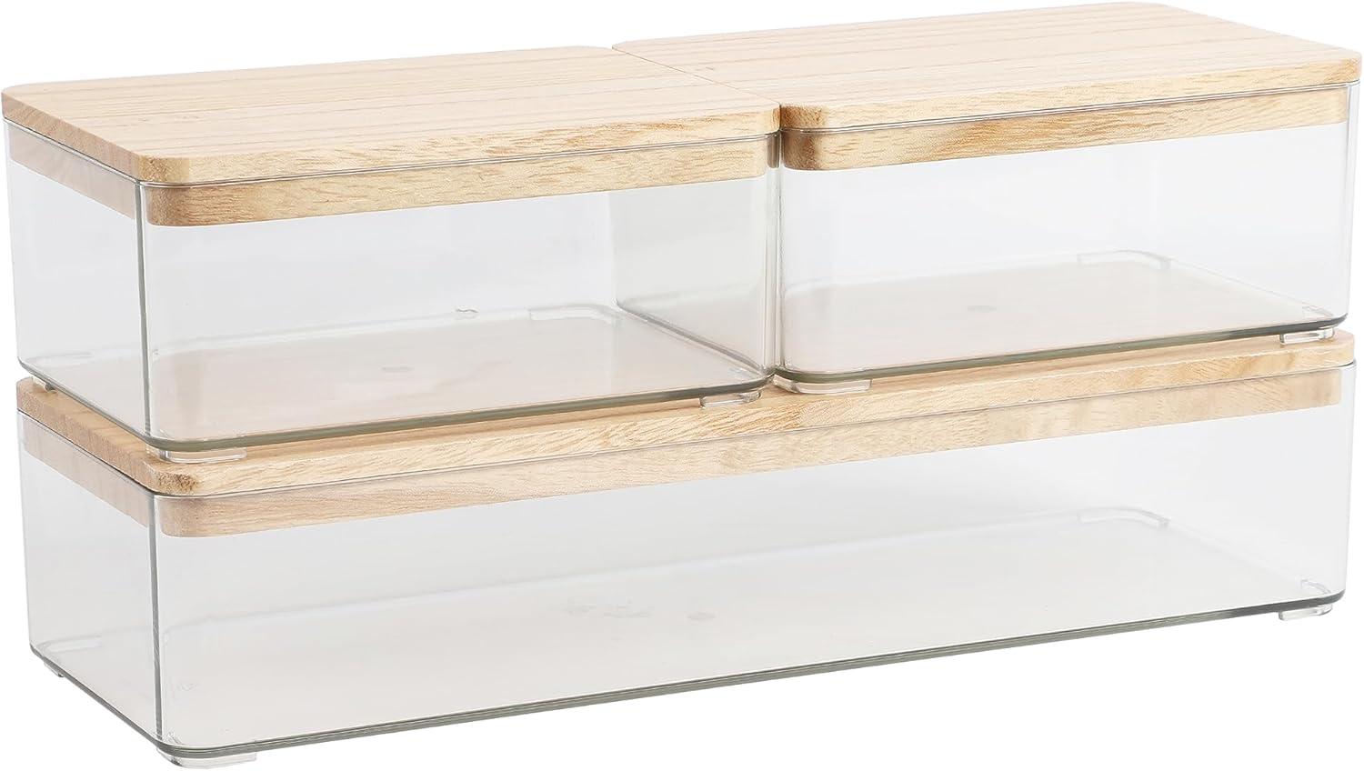 imageMartha Stewart Grady Clear Plastic Stackable Storage Boxes with White Plastic Lids Set of 3ClearLight Natural Paulownia Top