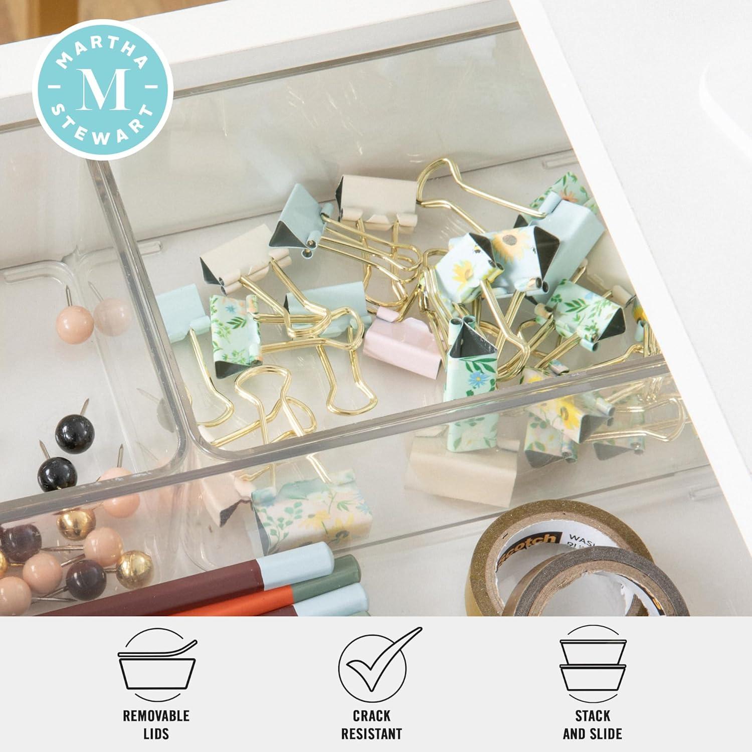 imageMartha Stewart Grady Clear Plastic Stackable Storage Boxes with White Plastic Lids Set of 3ClearLight Natural Paulownia Top