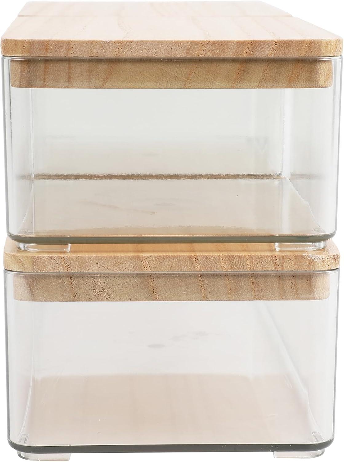 imageMartha Stewart Grady Clear Plastic Stackable Storage Boxes with White Plastic Lids Set of 3ClearLight Natural Paulownia Top