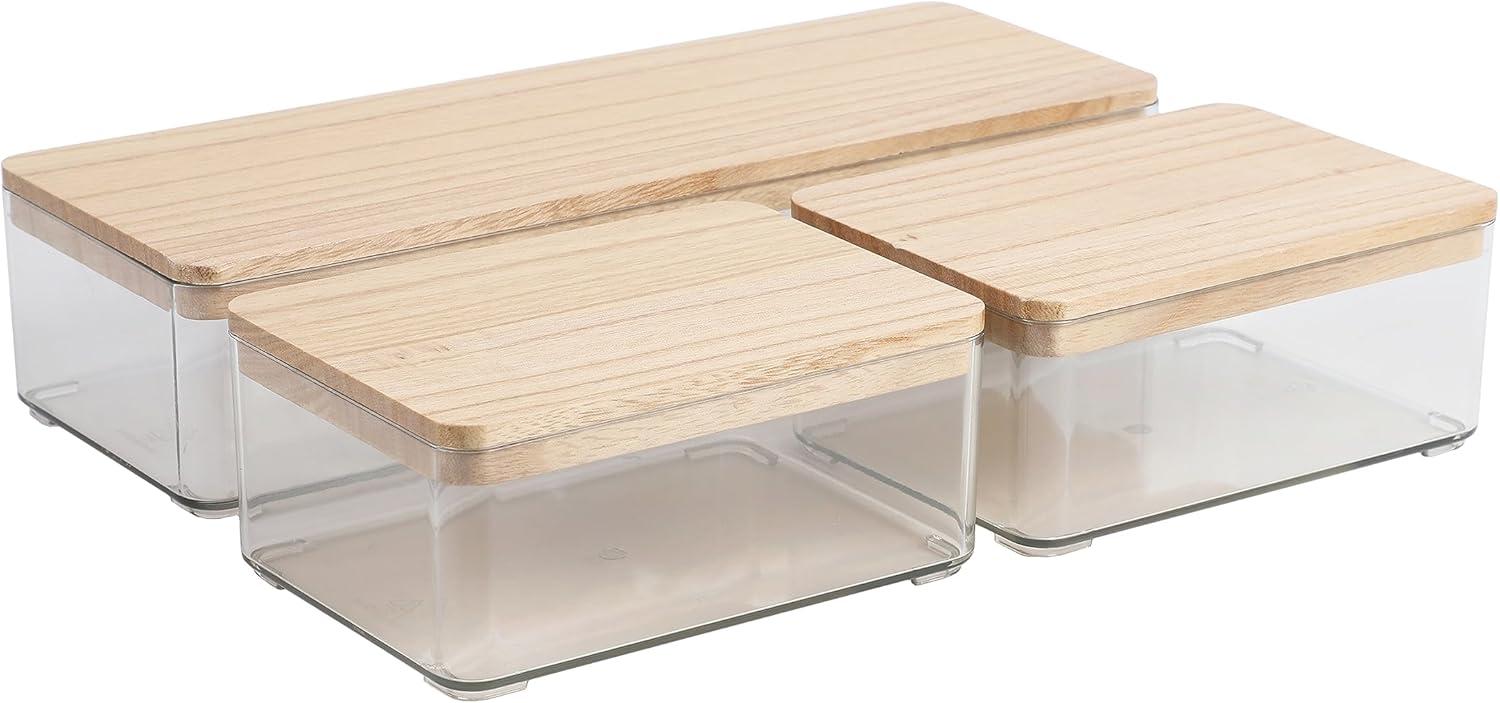 imageMartha Stewart Grady Clear Plastic Stackable Storage Boxes with White Plastic Lids Set of 3ClearLight Natural Paulownia Top