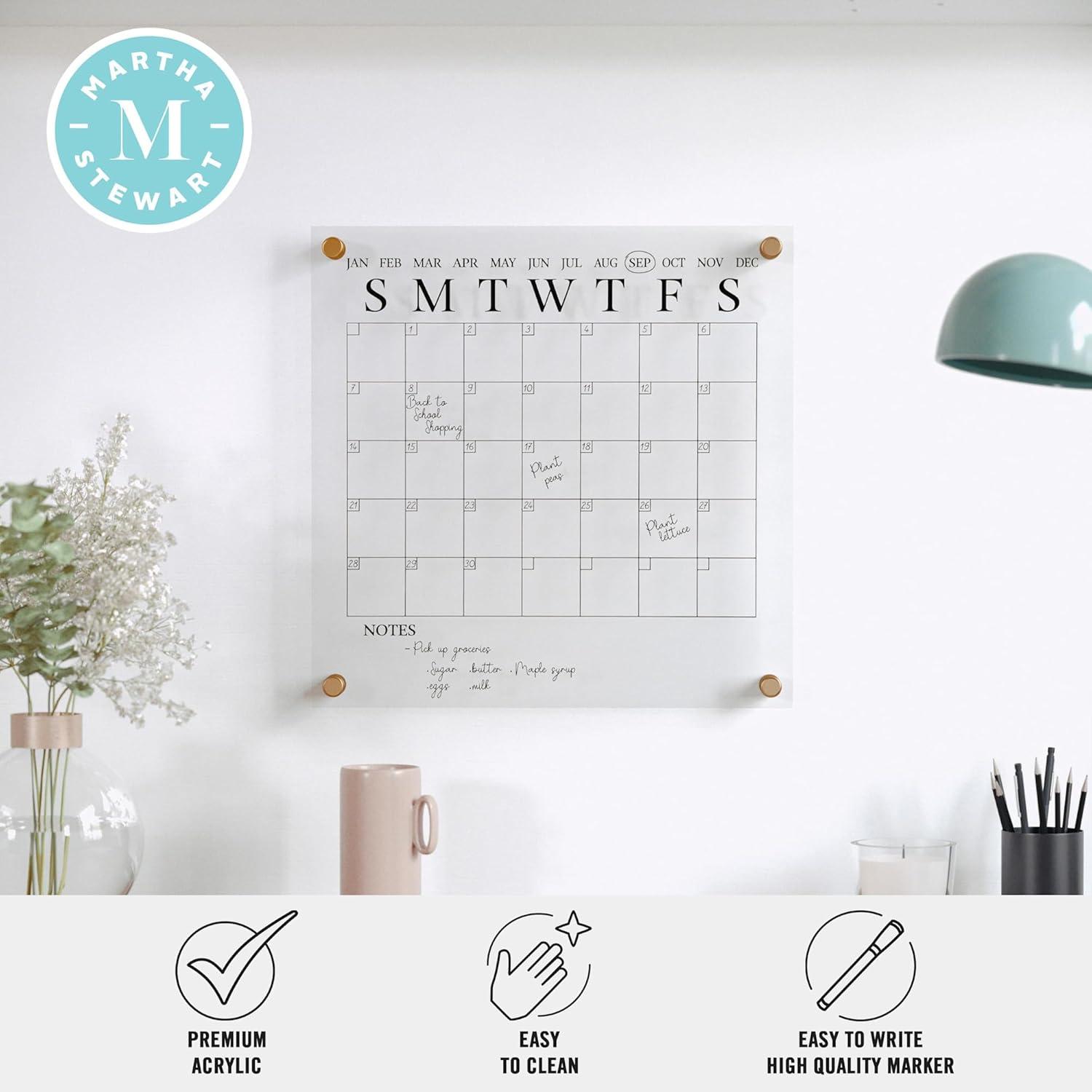 imageMartha Stewart Grayson Acrylic Dry Erase Wall Calendar with Dry Erase Marker 14quot Square Clear with Gold PrintClearBlack