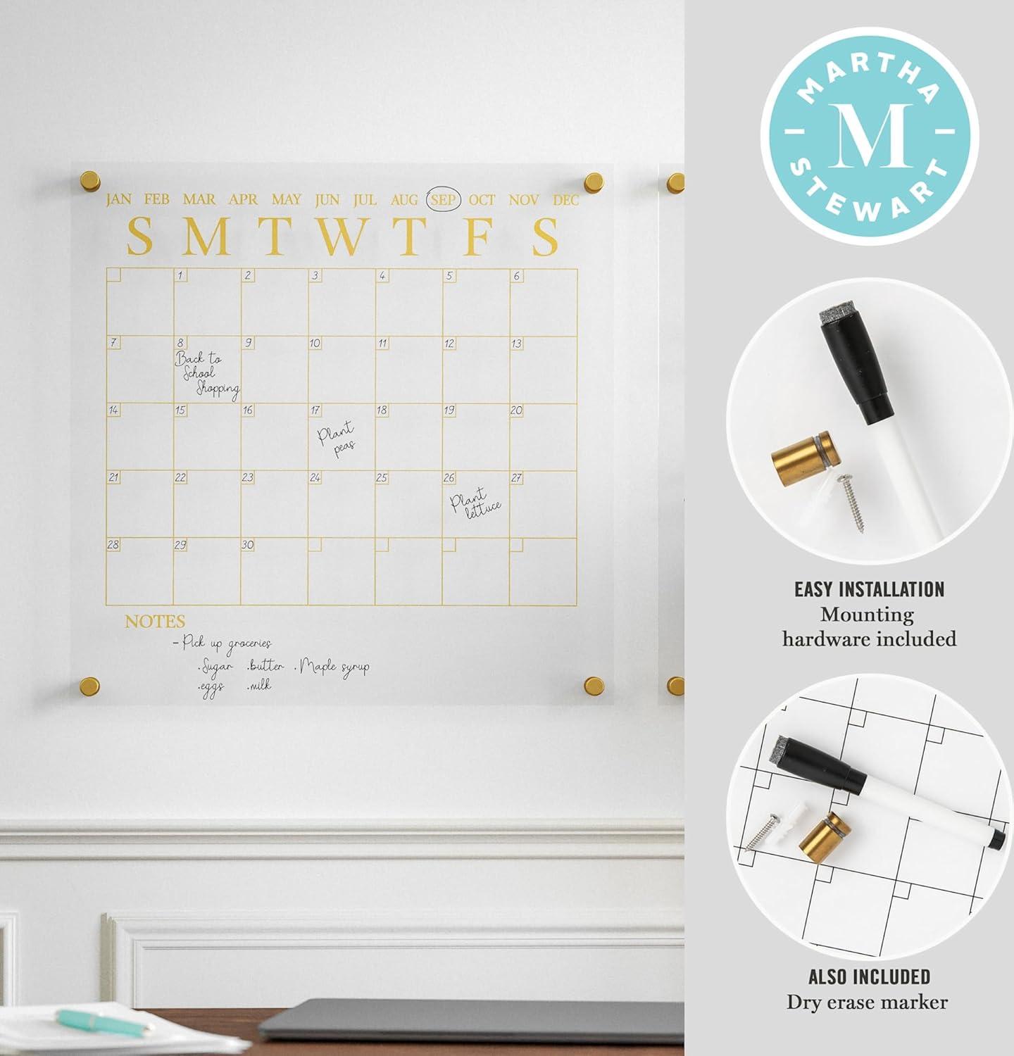 imageMartha Stewart Grayson Acrylic Dry Erase Wall Calendar with Dry Erase Marker 14quot Square Clear with Gold PrintClearBlack