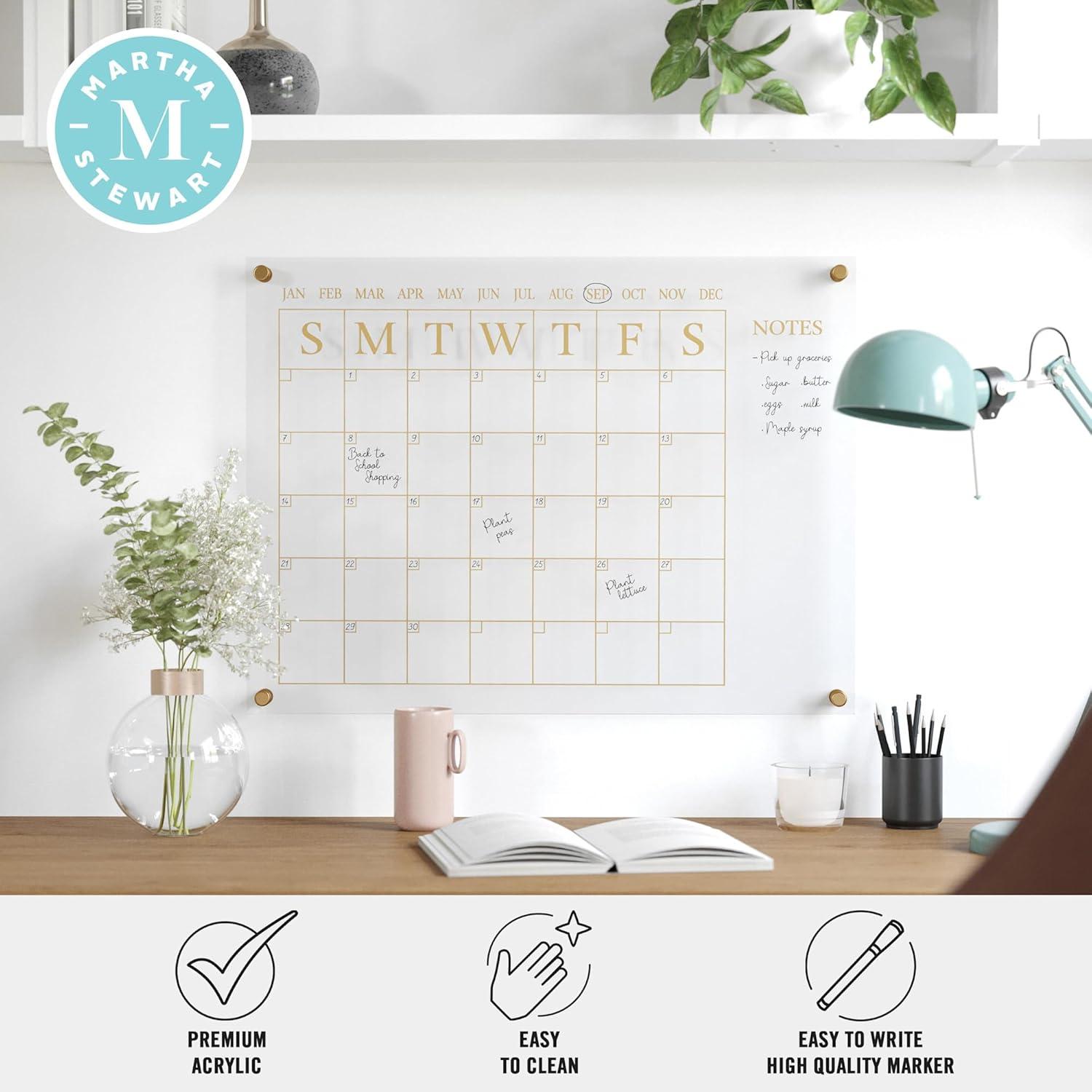 imageMartha Stewart Grayson Acrylic Dry Erase Wall Calendar with Dry Erase Marker 14quot Square Clear with Gold PrintClearBlack