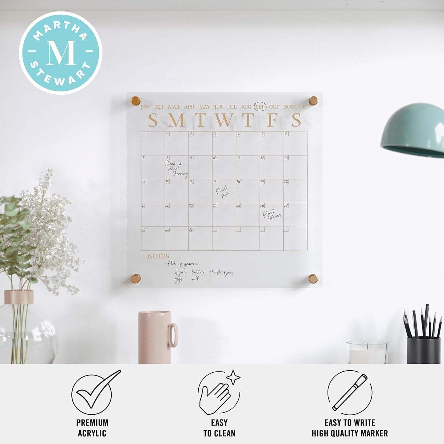 imageMartha Stewart Grayson Acrylic Dry Erase Wall Calendar with Dry Erase Marker 14quot Square Clear with Gold PrintClearBlack