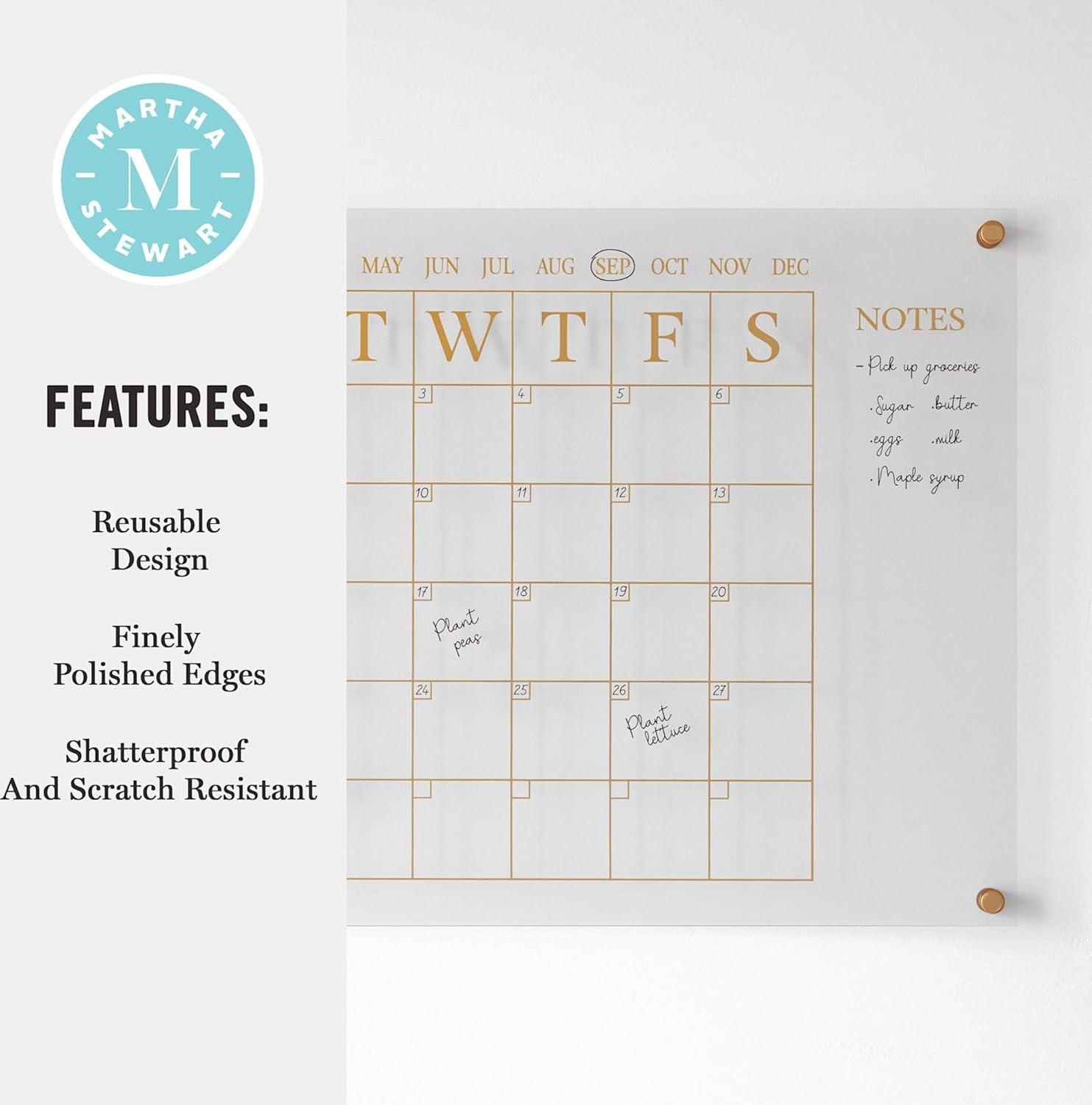 imageMartha Stewart Grayson Acrylic Dry Erase Wall Calendar with Dry Erase Marker 14quot Square Clear with Gold PrintClearBlack