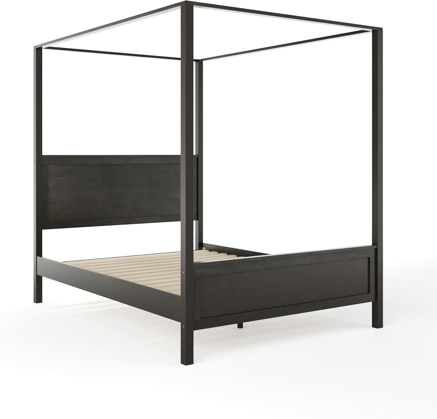 imageMartha Stewart Hayes Canopy Platform Bed with Wood Headboard and Footboard Solid Wood Frame No Box Spring Needed Queen Size Dark Gray