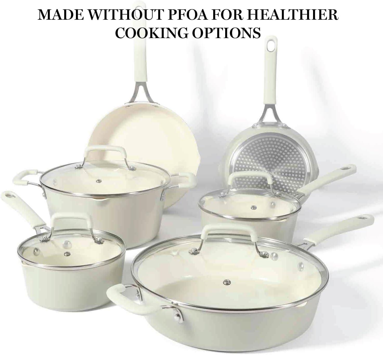 imageMartha Stewart Heathland Premium Nonstick PFA Free Ceramic Interior 10Piece Tapered Aluminum Cookware Set Linen WhiteLinen White