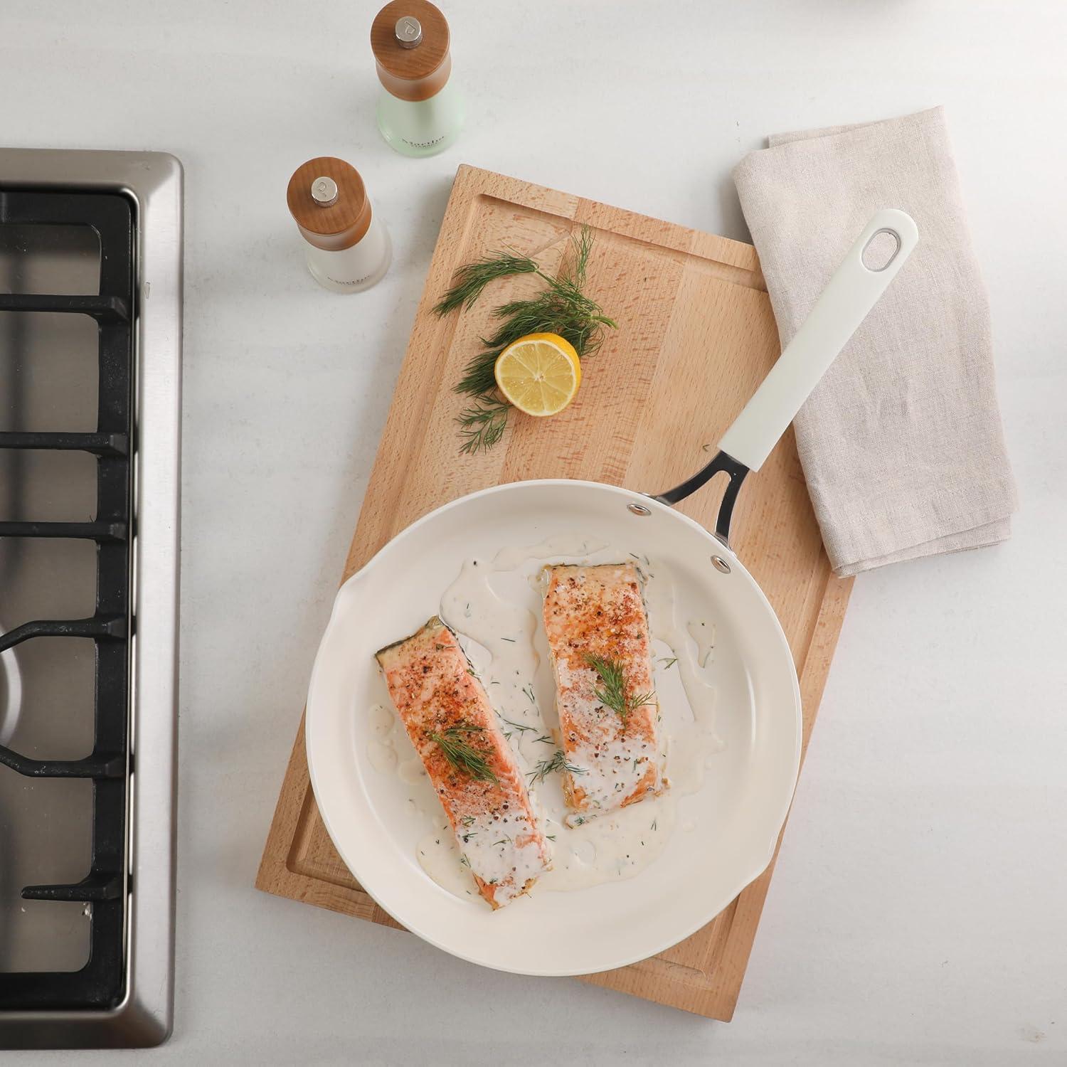 imageMartha Stewart Heathland Premium Nonstick PFA Free Ceramic Interior 10Piece Tapered Aluminum Cookware Set Linen WhiteLinen White