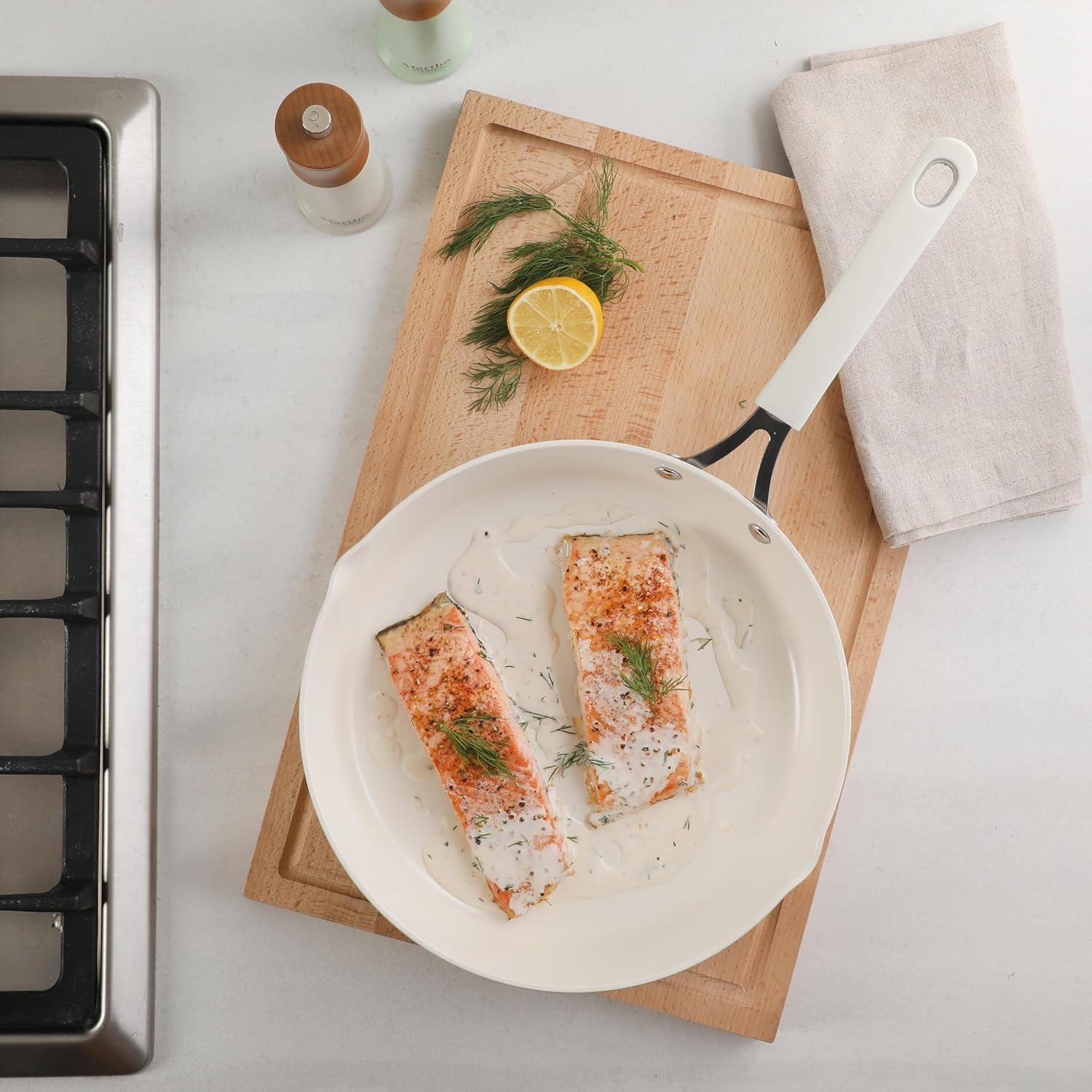 imageMartha Stewart Heathland Premium Nonstick PFA Free Ceramic Interior 10Piece Tapered Aluminum Cookware Set Linen WhiteLinen White