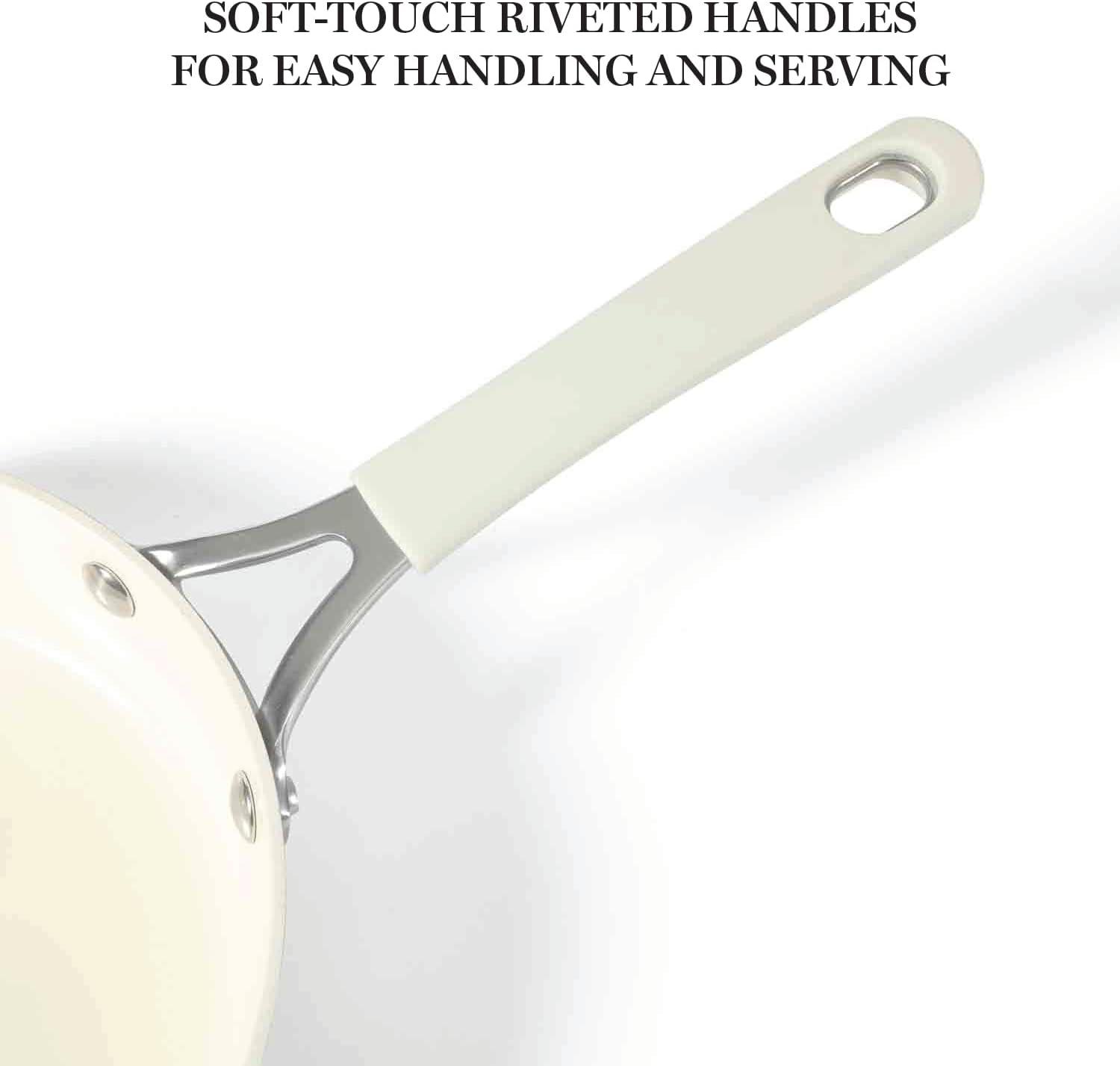 imageMartha Stewart Heathland Premium Nonstick PFA Free Ceramic Interior 10Piece Tapered Aluminum Cookware Set Linen WhiteLinen White