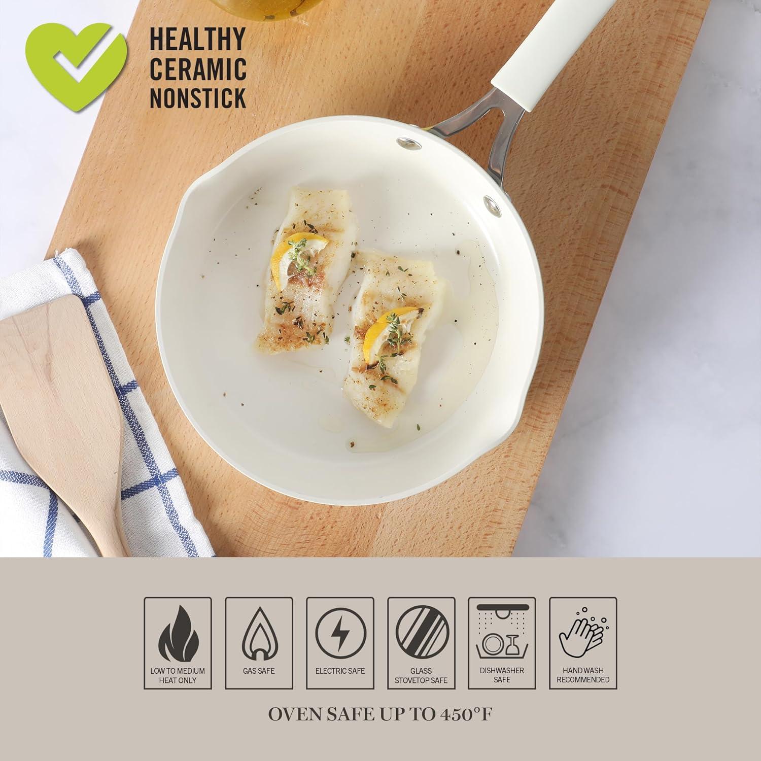 imageMartha Stewart Heathland Premium Nonstick PFA Free Ceramic Interior 10Piece Tapered Aluminum Cookware Set Linen WhiteLinen White