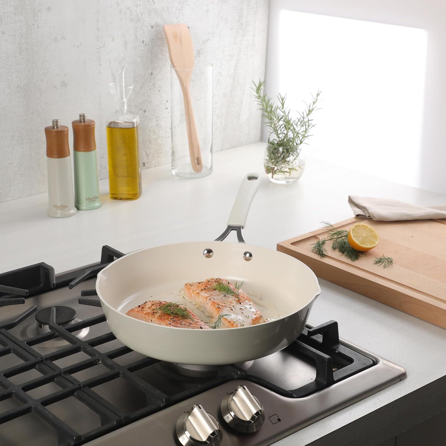 imageMartha Stewart Heathland Premium Nonstick PFA Free Ceramic Interior 10Piece Tapered Aluminum Cookware Set Linen WhiteLinen White