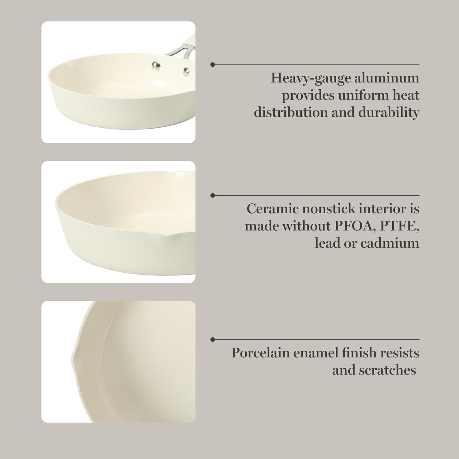 imageMartha Stewart Heathland Premium Nonstick PFA Free Ceramic Interior 10Piece Tapered Aluminum Cookware Set Linen WhiteLinen White