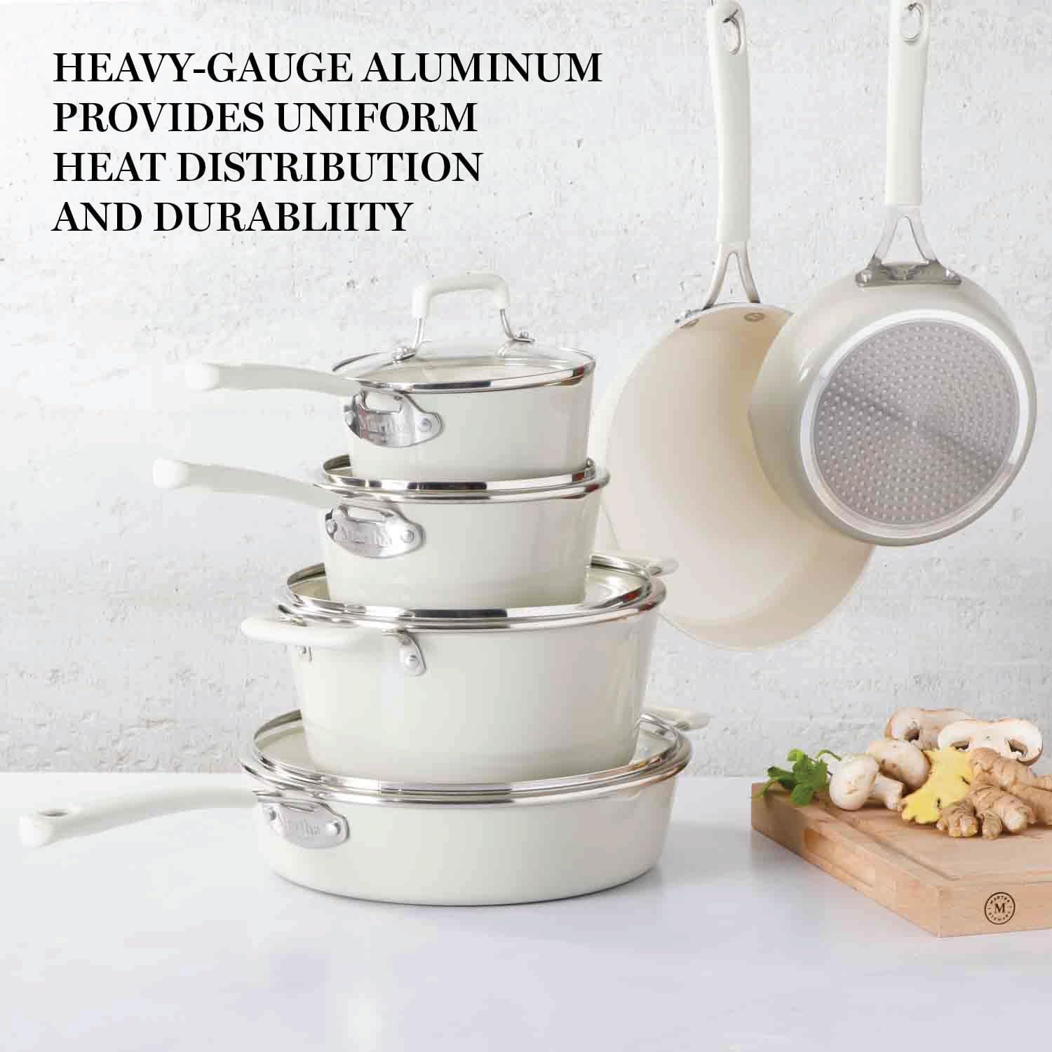 imageMartha Stewart Heathland Premium Nonstick PFA Free Ceramic Interior 10Piece Tapered Aluminum Cookware Set Linen WhiteLinen White