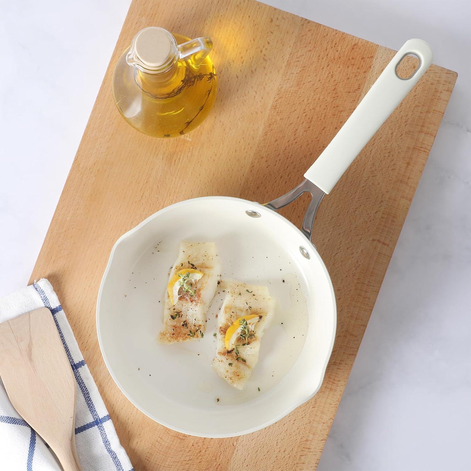 imageMartha Stewart Heathland Premium Nonstick PFA Free Ceramic Interior 10Piece Tapered Aluminum Cookware Set Linen WhiteLinen White