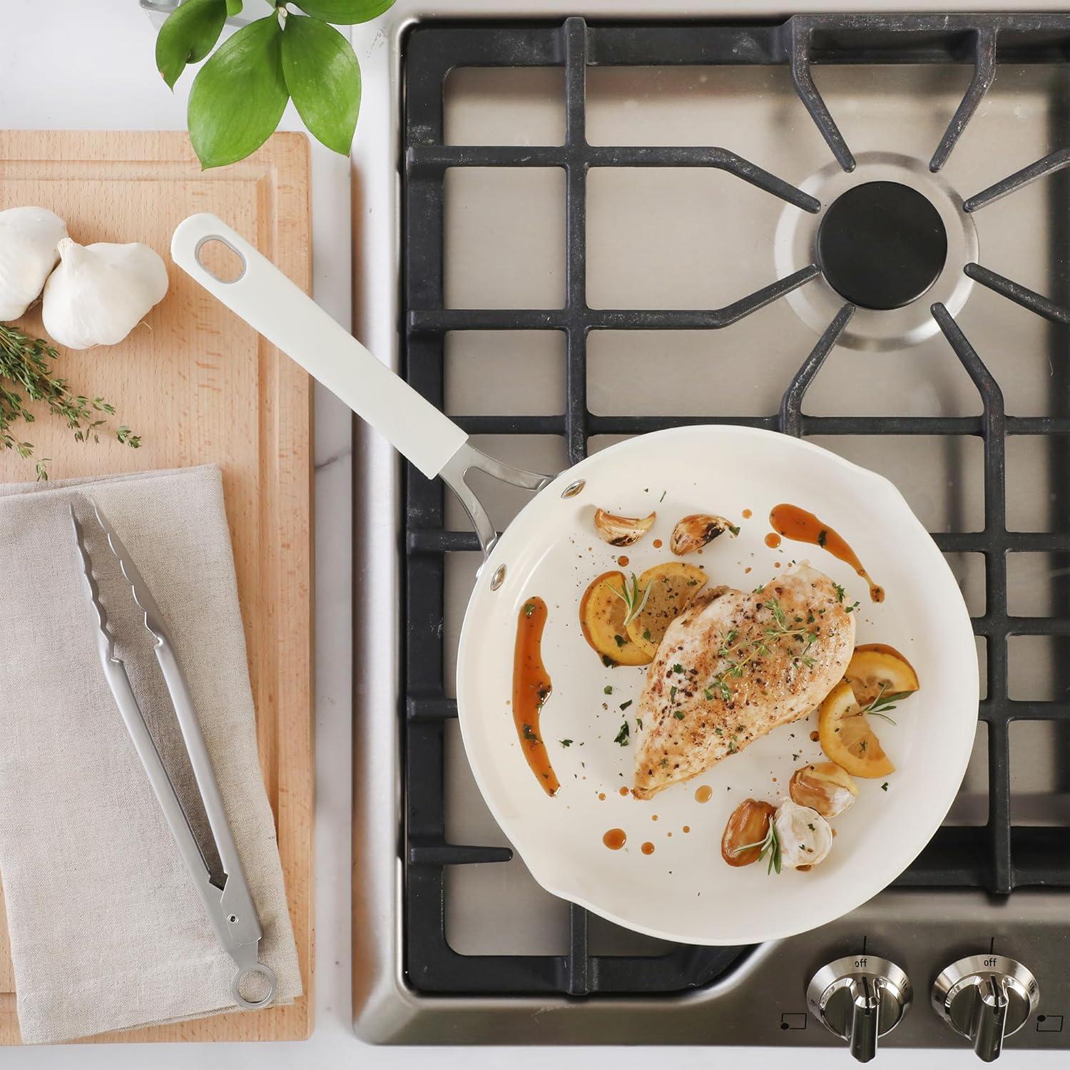 imageMartha Stewart Heathland Premium Nonstick PFA Free Ceramic Interior 10Piece Tapered Aluminum Cookware Set Linen WhiteLinen White