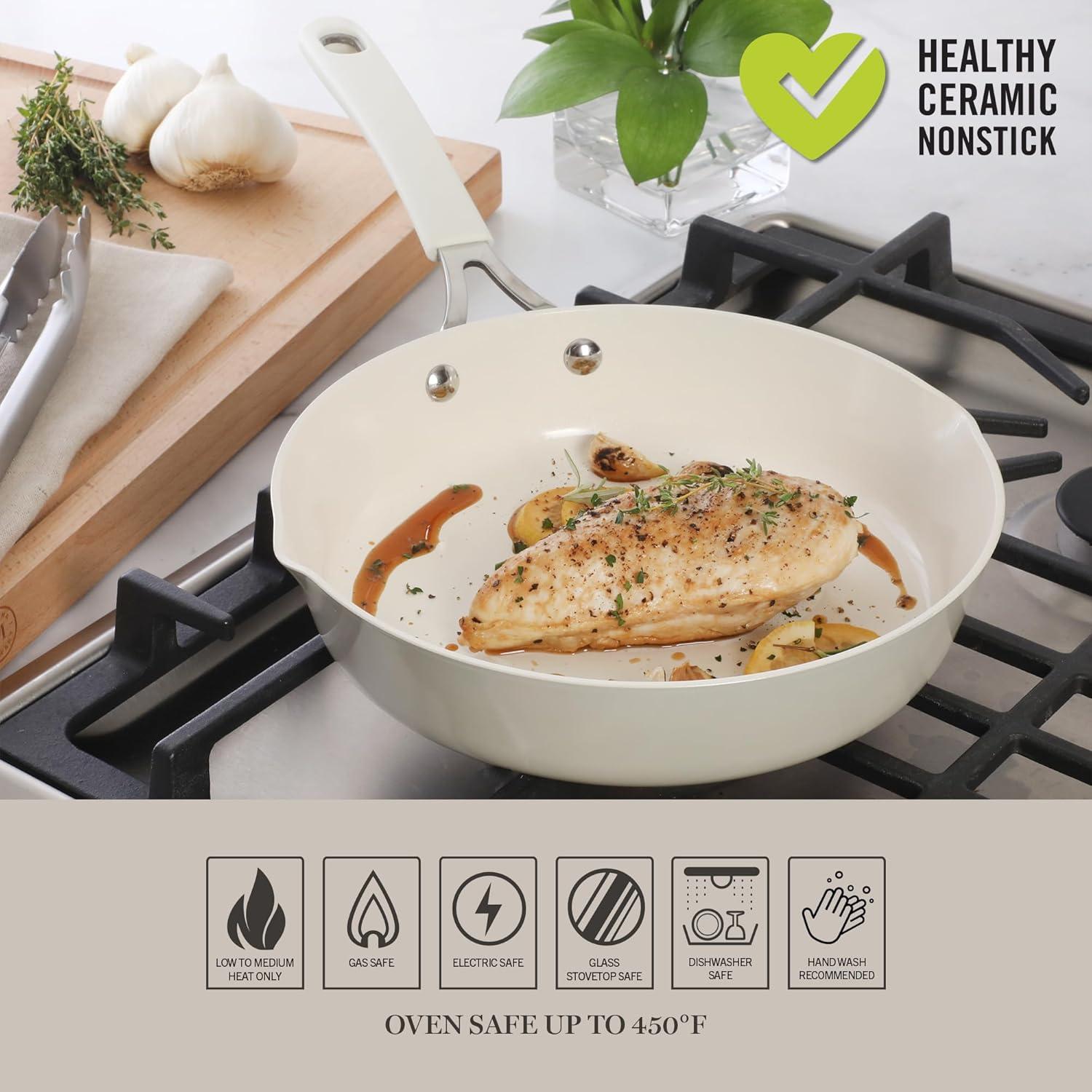 imageMartha Stewart Heathland Premium Nonstick PFA Free Ceramic Interior 10Piece Tapered Aluminum Cookware Set Linen WhiteLinen White