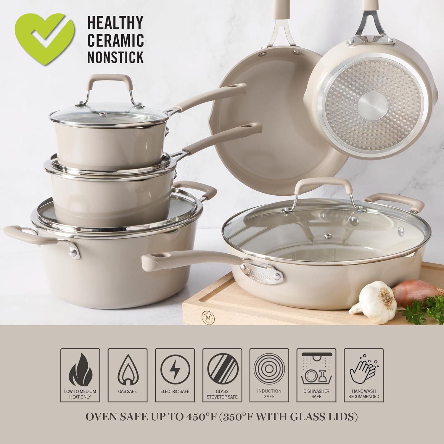 imageMartha Stewart Heathland Premium Nonstick PFA Free Ceramic Interior 10Piece Tapered Aluminum Cookware Set Linen WhiteTaupe