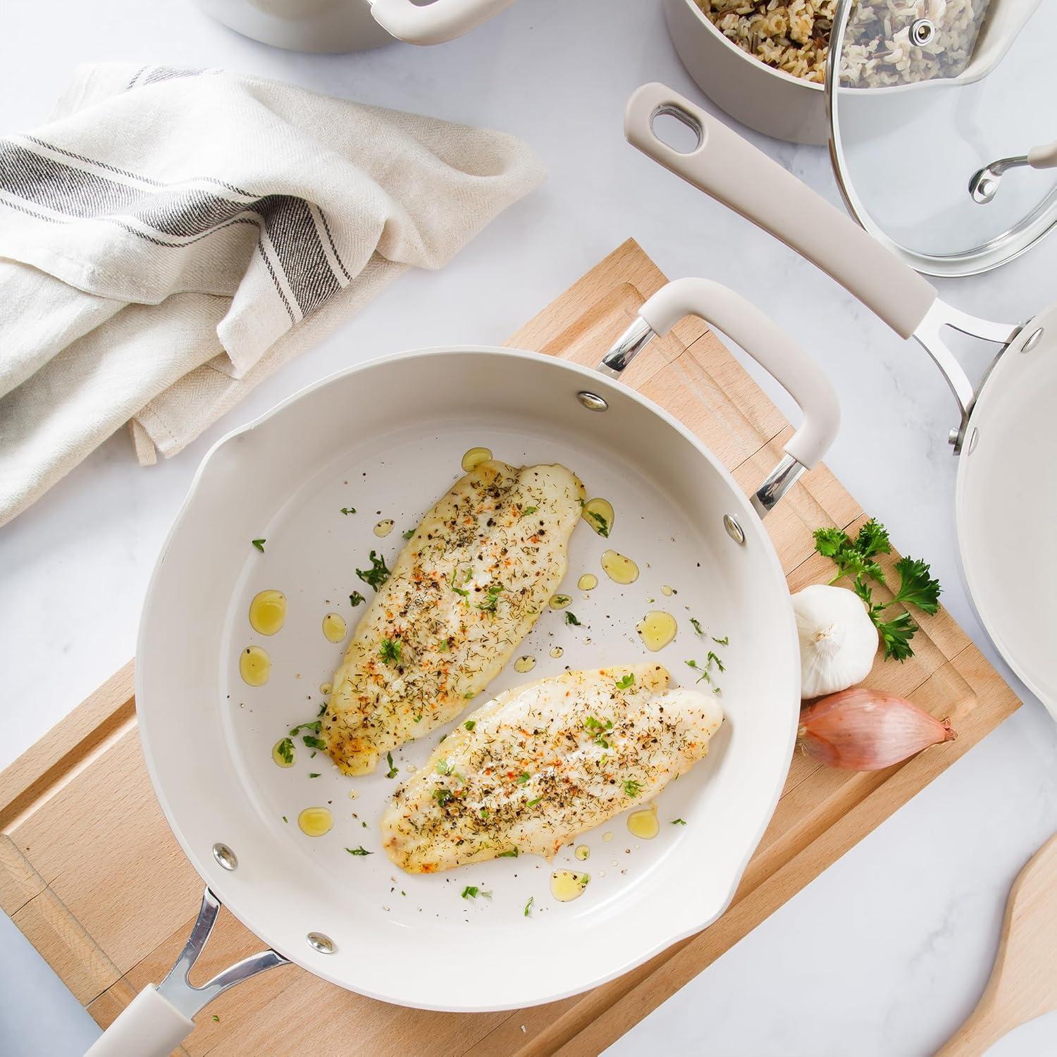 imageMartha Stewart Heathland Premium Nonstick PFA Free Ceramic Interior 10Piece Tapered Aluminum Cookware Set Linen WhiteTaupe