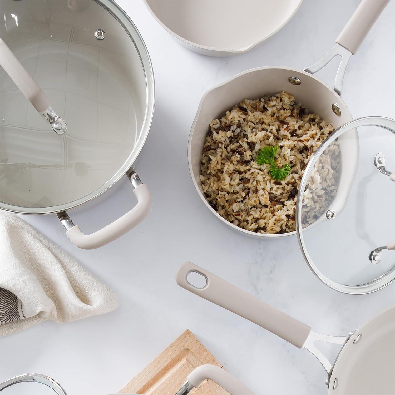 imageMartha Stewart Heathland Premium Nonstick PFA Free Ceramic Interior 10Piece Tapered Aluminum Cookware Set Linen WhiteTaupe