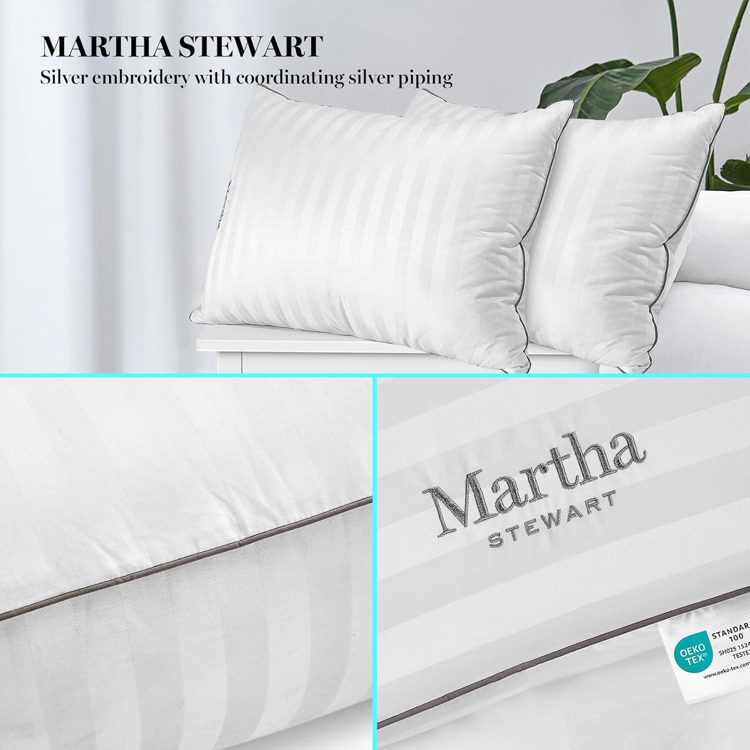 imageMartha Stewart Hotel Collection Pillow 500 Thread Count Damask Stripe Embroidered Feathers Soft Hypoallergenic 100 Cotton Queen Size Set of 2White