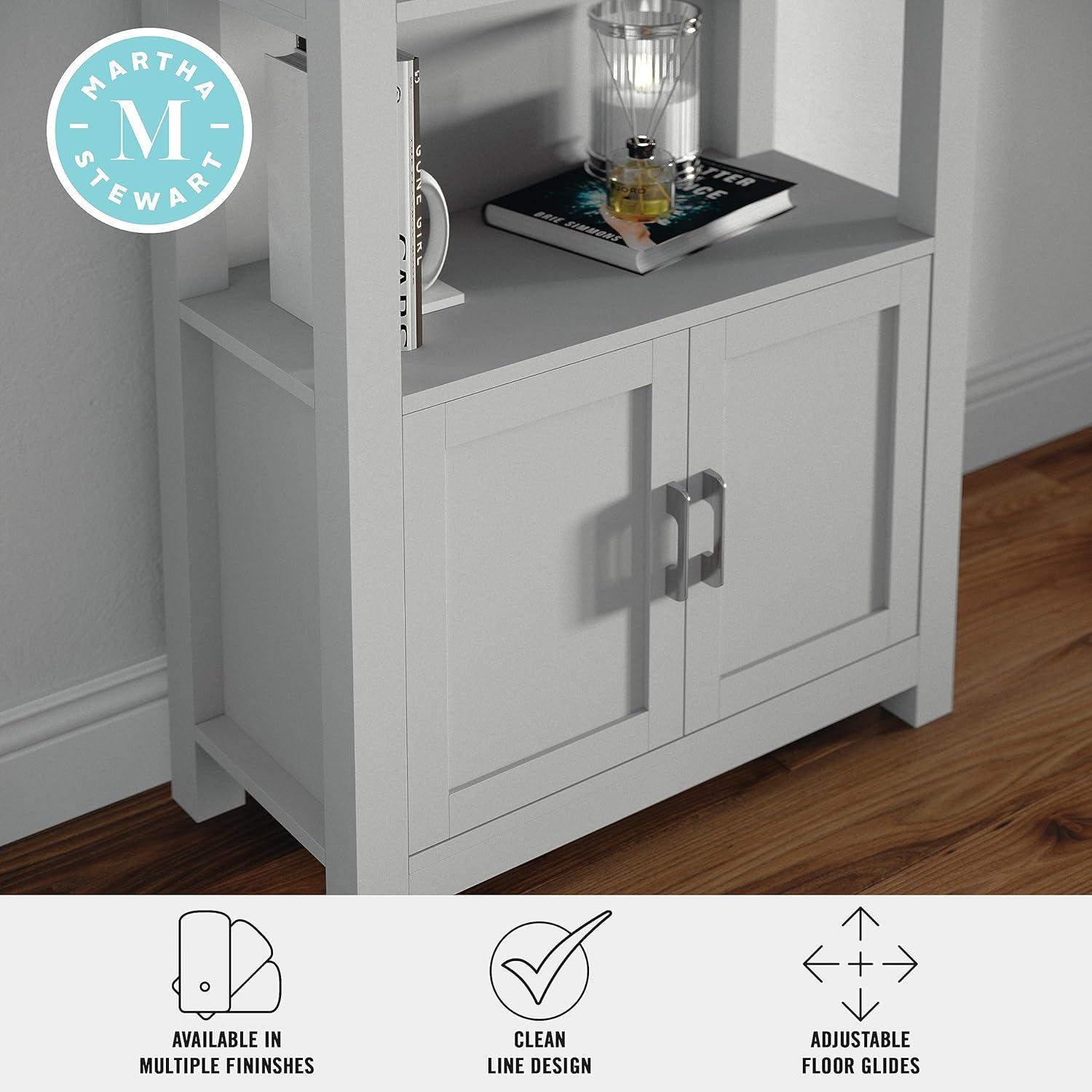 imageMartha Stewart Hutton Four Tier Shaker Bookcase with Storage Cabinet in Gray Washed Wood with Oil Rubbed Bronze HardwareGray FrameBrushed Nickel Hardware