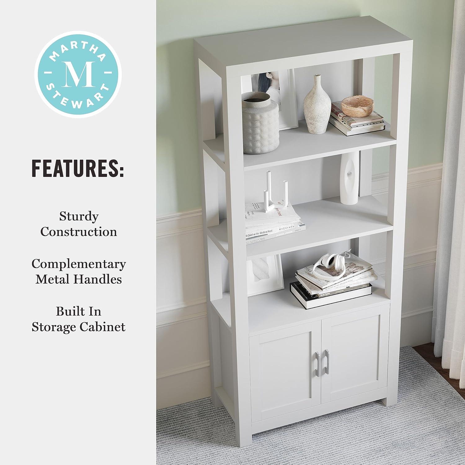 imageMartha Stewart Hutton Four Tier Shaker Bookcase with Storage Cabinet in Gray Washed Wood with Oil Rubbed Bronze HardwareGray FrameBrushed Nickel Hardware