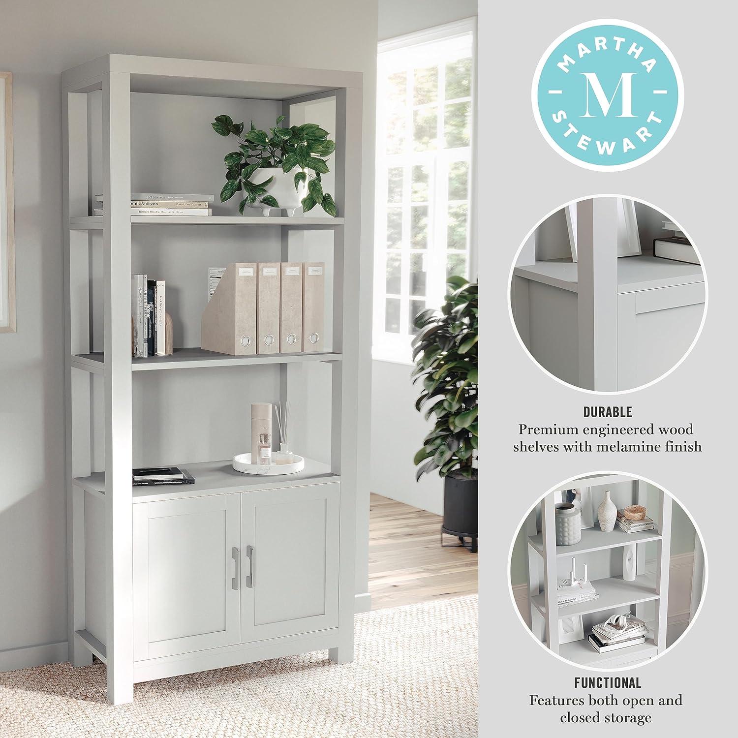 imageMartha Stewart Hutton Four Tier Shaker Bookcase with Storage Cabinet in Gray Washed Wood with Oil Rubbed Bronze HardwareGray FrameBrushed Nickel Hardware