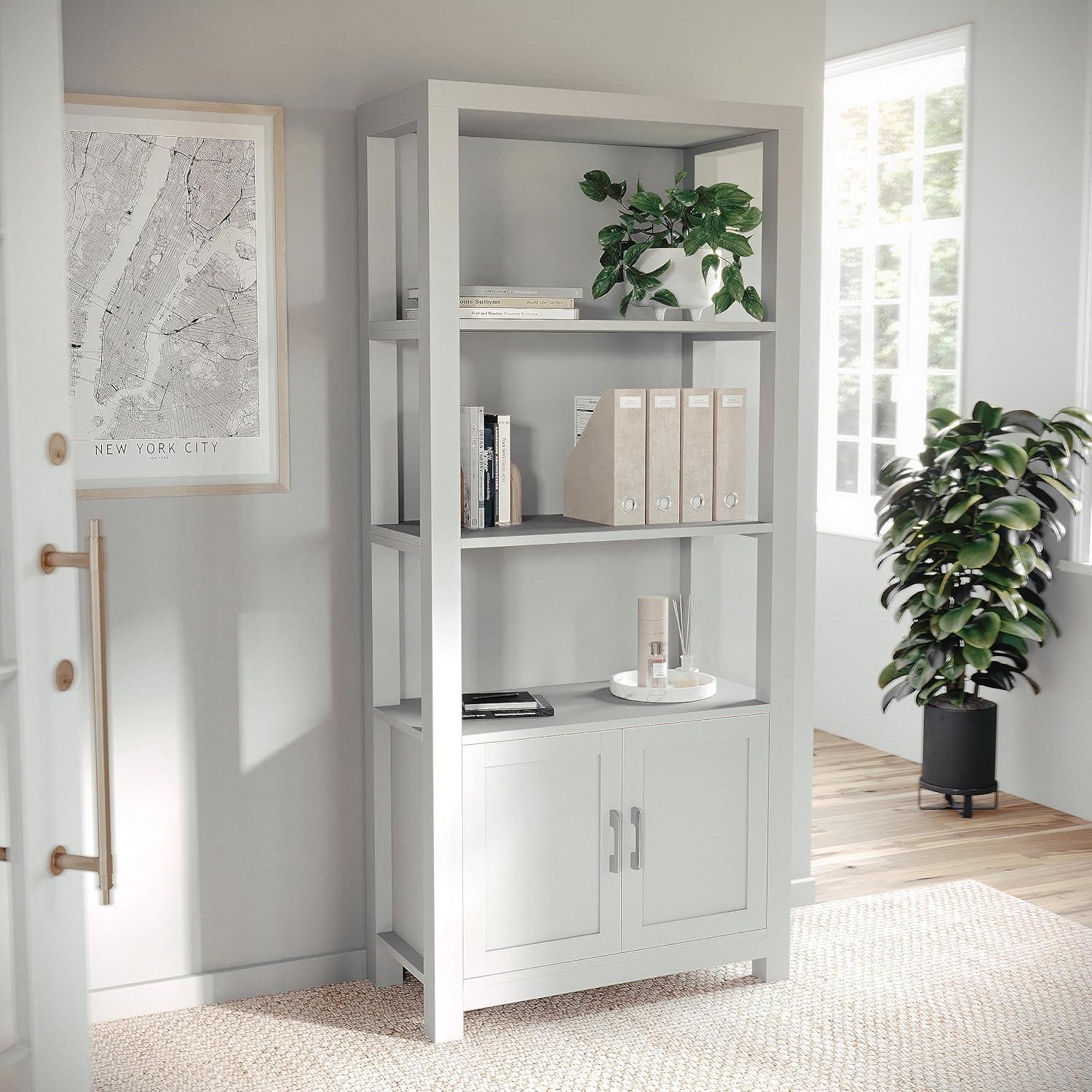 imageMartha Stewart Hutton Four Tier Shaker Bookcase with Storage Cabinet in Gray Washed Wood with Oil Rubbed Bronze HardwareGray FrameBrushed Nickel Hardware