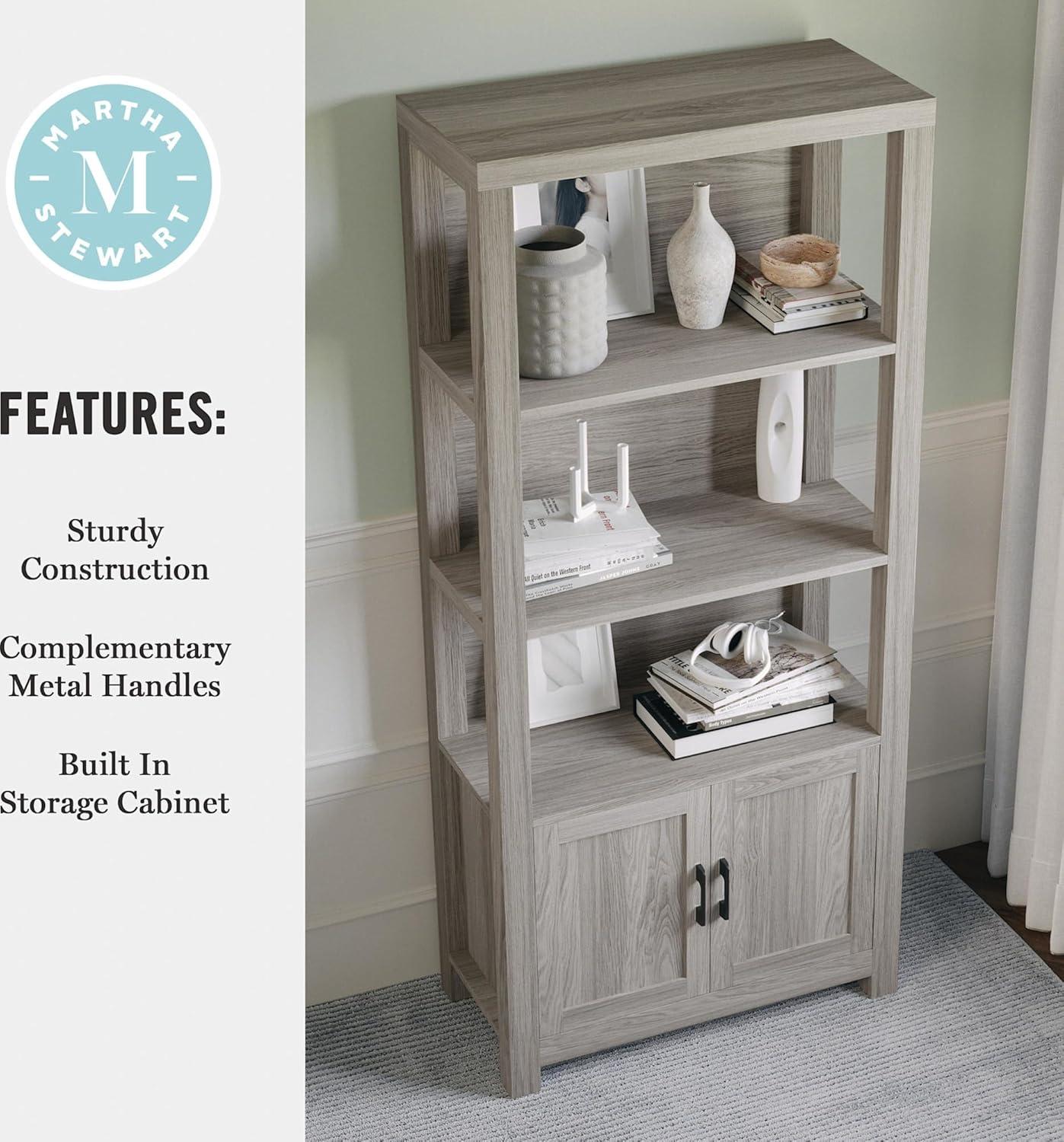 imageMartha Stewart Hutton Four Tier Shaker Bookcase with Storage Cabinet in Gray Washed Wood with Oil Rubbed Bronze HardwareGray FrameOil Rubbed Bronze Hardware