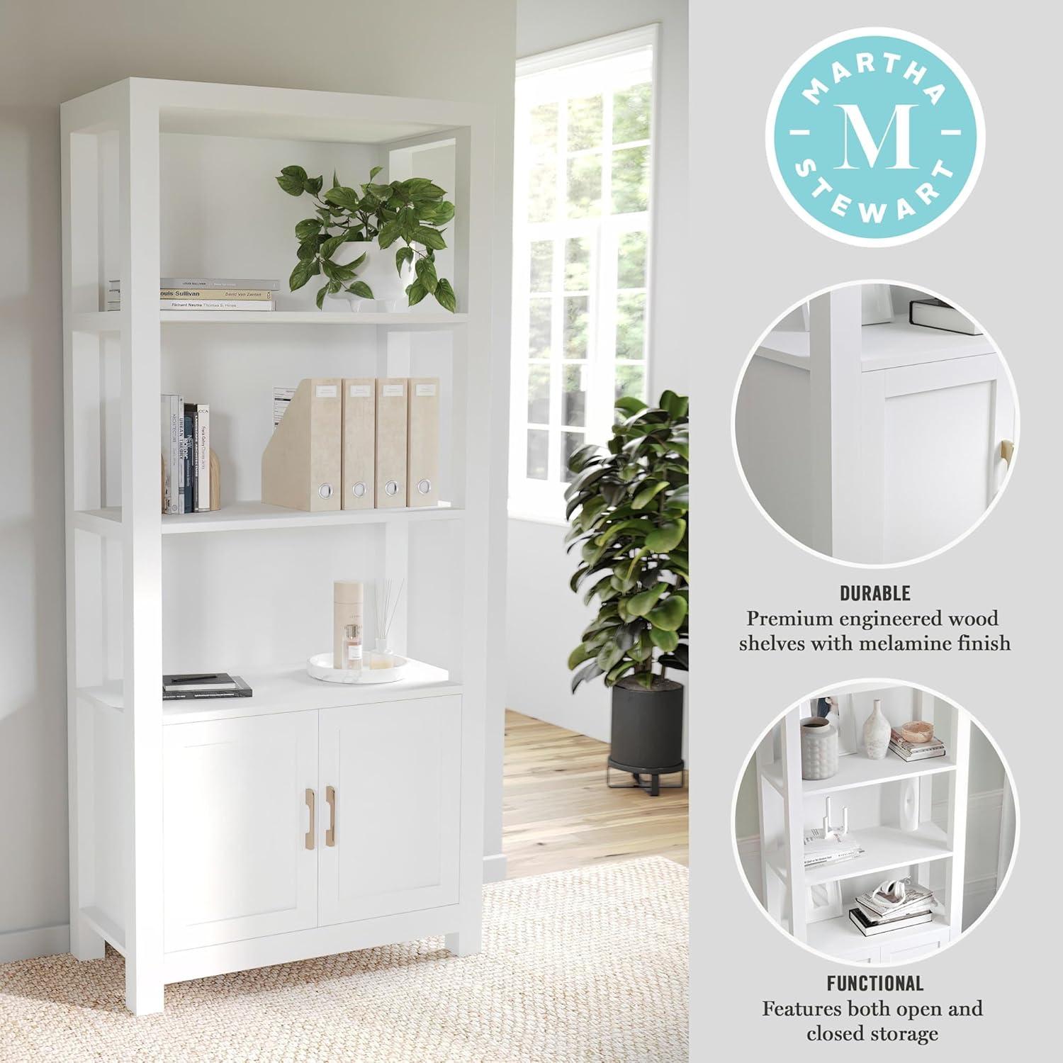 imageMartha Stewart Hutton Four Tier Shaker Bookcase with Storage Cabinet in Gray Washed Wood with Oil Rubbed Bronze HardwareGray FrameOil Rubbed Bronze Hardware