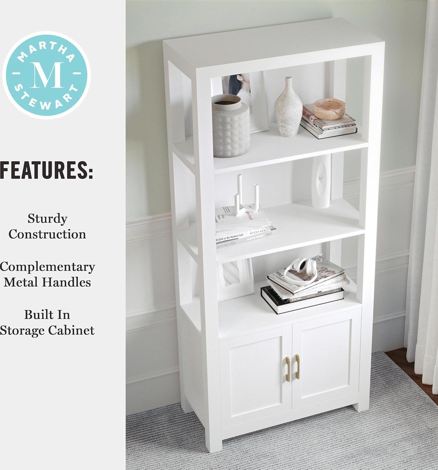 imageMartha Stewart Hutton Four Tier Shaker Bookcase with Storage Cabinet in Gray Washed Wood with Oil Rubbed Bronze HardwareWhite FramePolished Brass Hardware