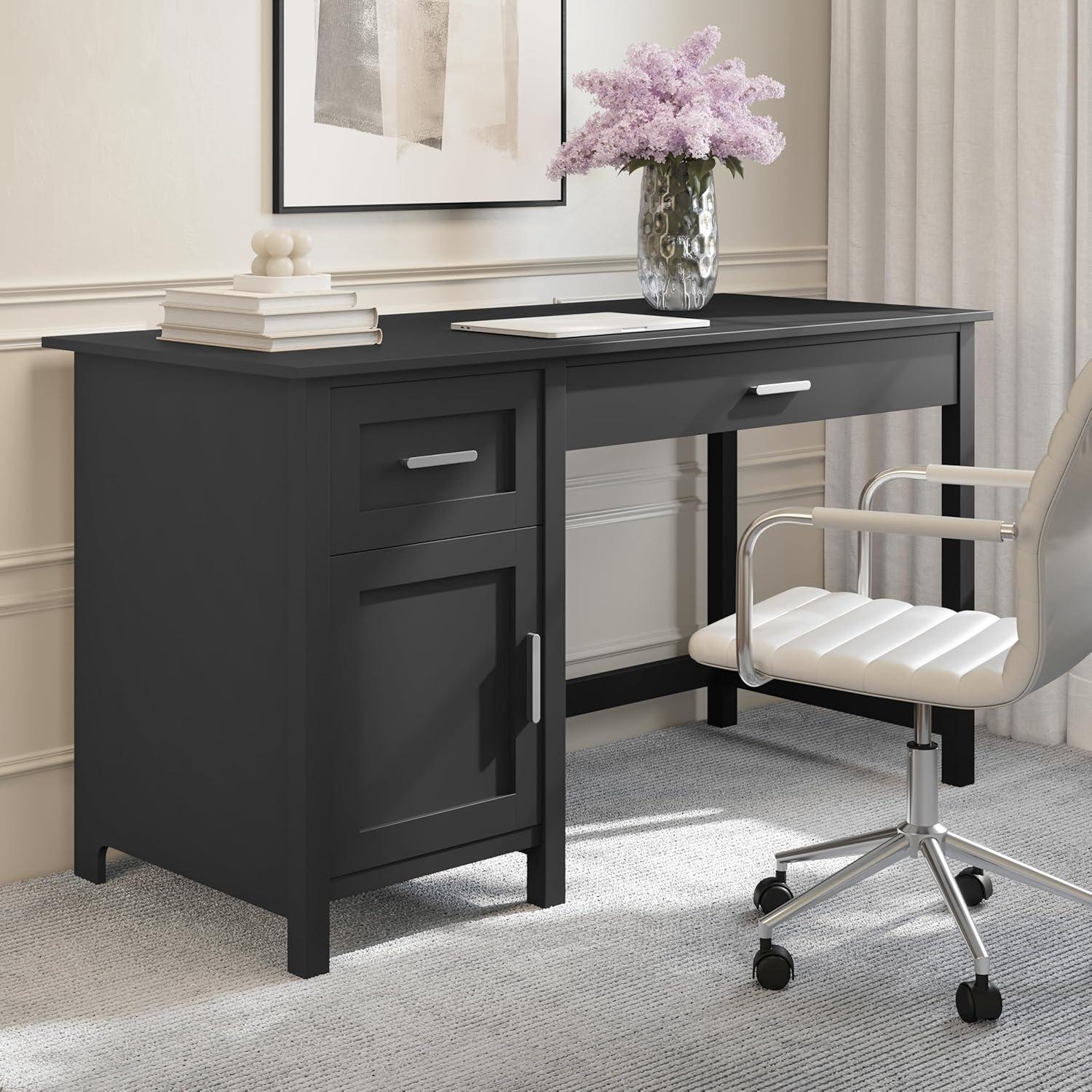 imageMartha Stewart Hutton Shaker Style Home Office Desk with Storage in White with Polished Brass HardwareBlack FrameBrushed Nickel Hardware