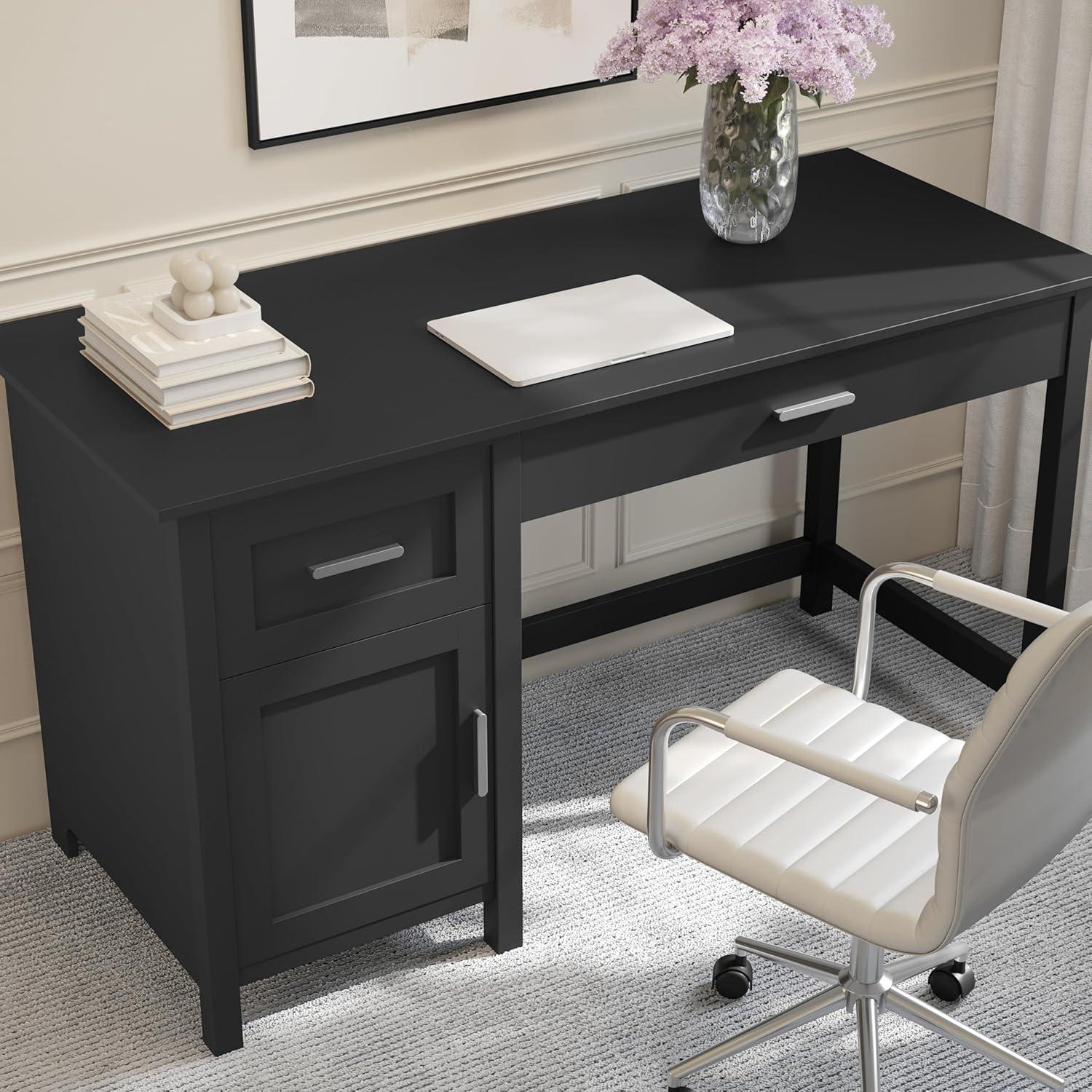 imageMartha Stewart Hutton Shaker Style Home Office Desk with Storage in White with Polished Brass HardwareBlack FrameBrushed Nickel Hardware