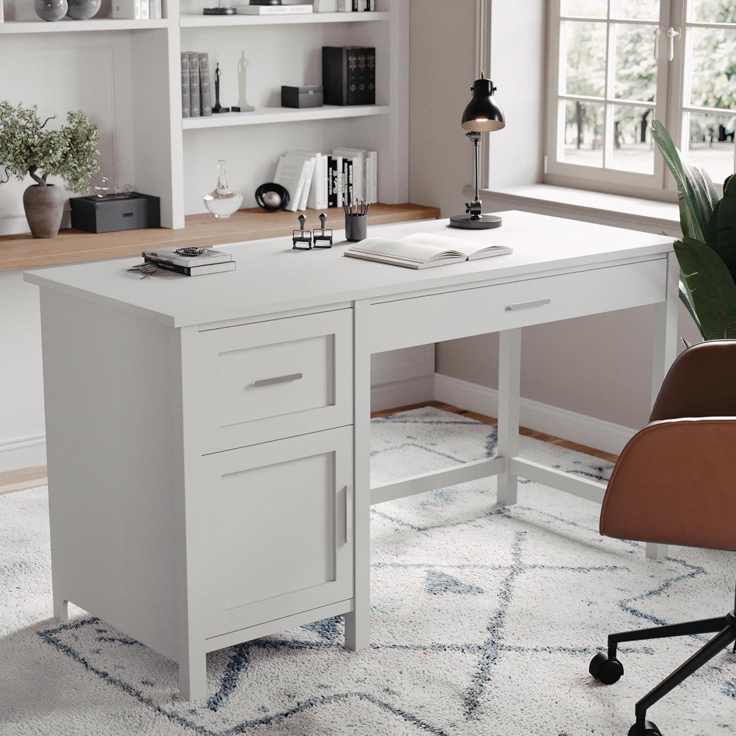imageMartha Stewart Hutton Shaker Style Home Office Desk with Storage in White with Polished Brass HardwareGrayBrushed Nickel