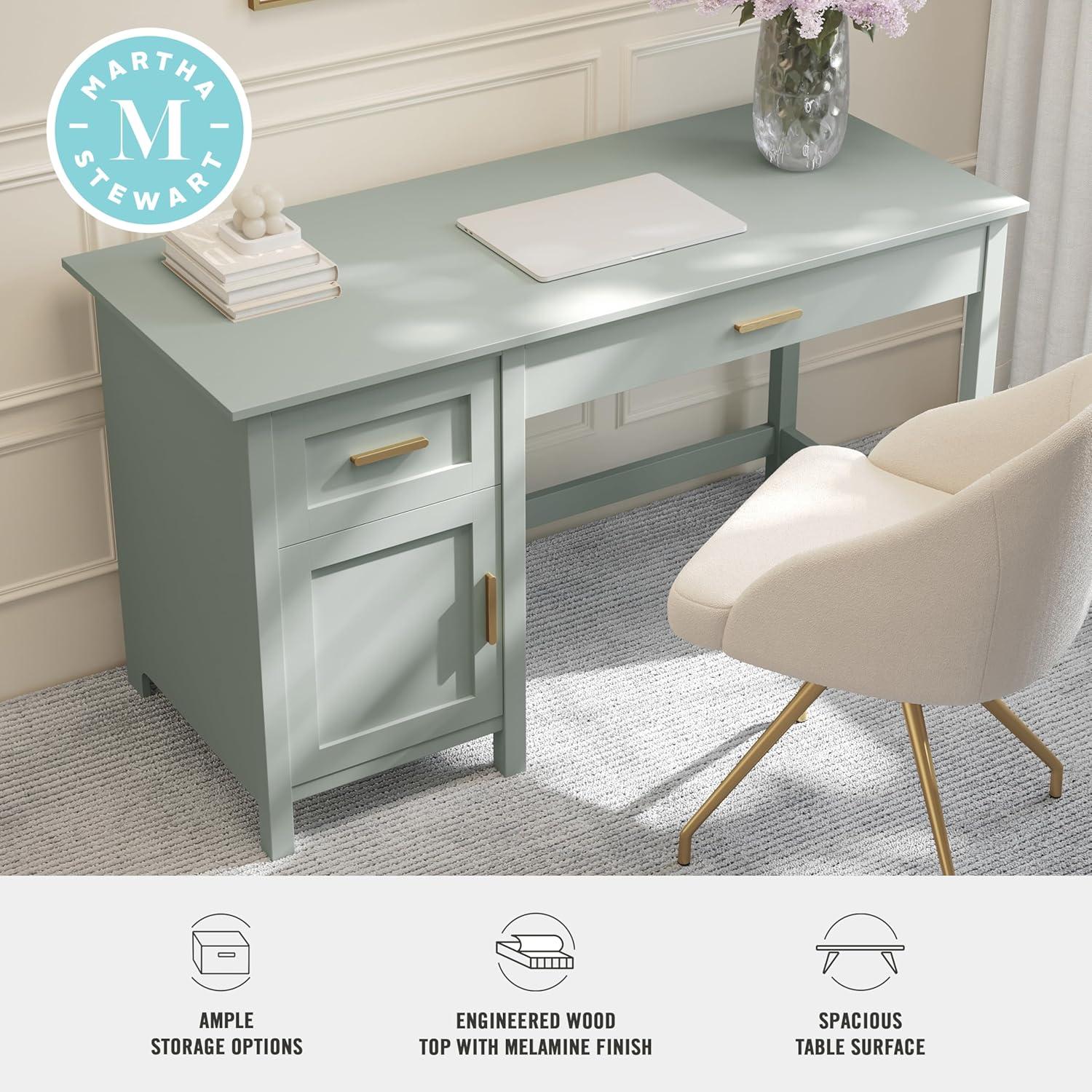 imageMartha Stewart Hutton Shaker Style Home Office Desk with Storage in White with Polished Brass HardwareSage FramePolished Brass Hardware
